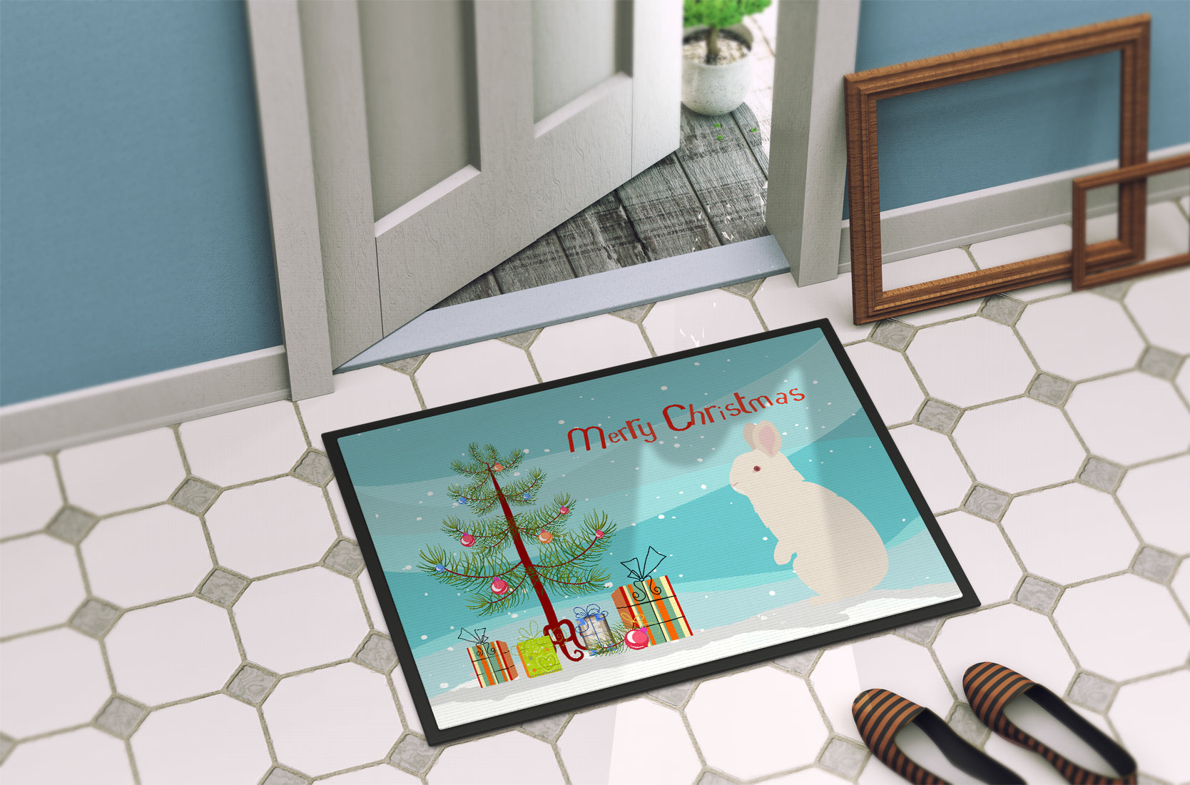 New Zealand White Rabbit Christmas Doormat Indoor Outdoor 24H X 36W Front Door Mat Rugs for Entryway, Non Slip Washable Low Pile,