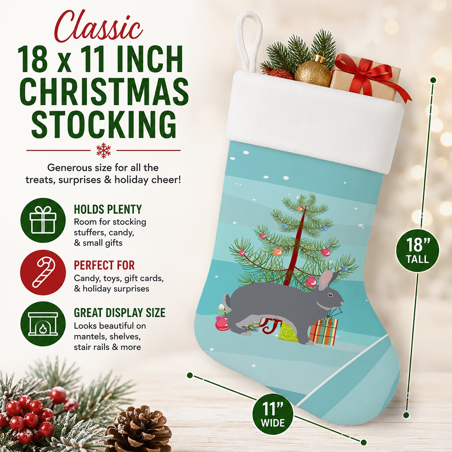 Giant Chinchilla Rabbit Christmas Holiday Stocking Double-Sided Print, Polyester Suede,11x18, Made in USA