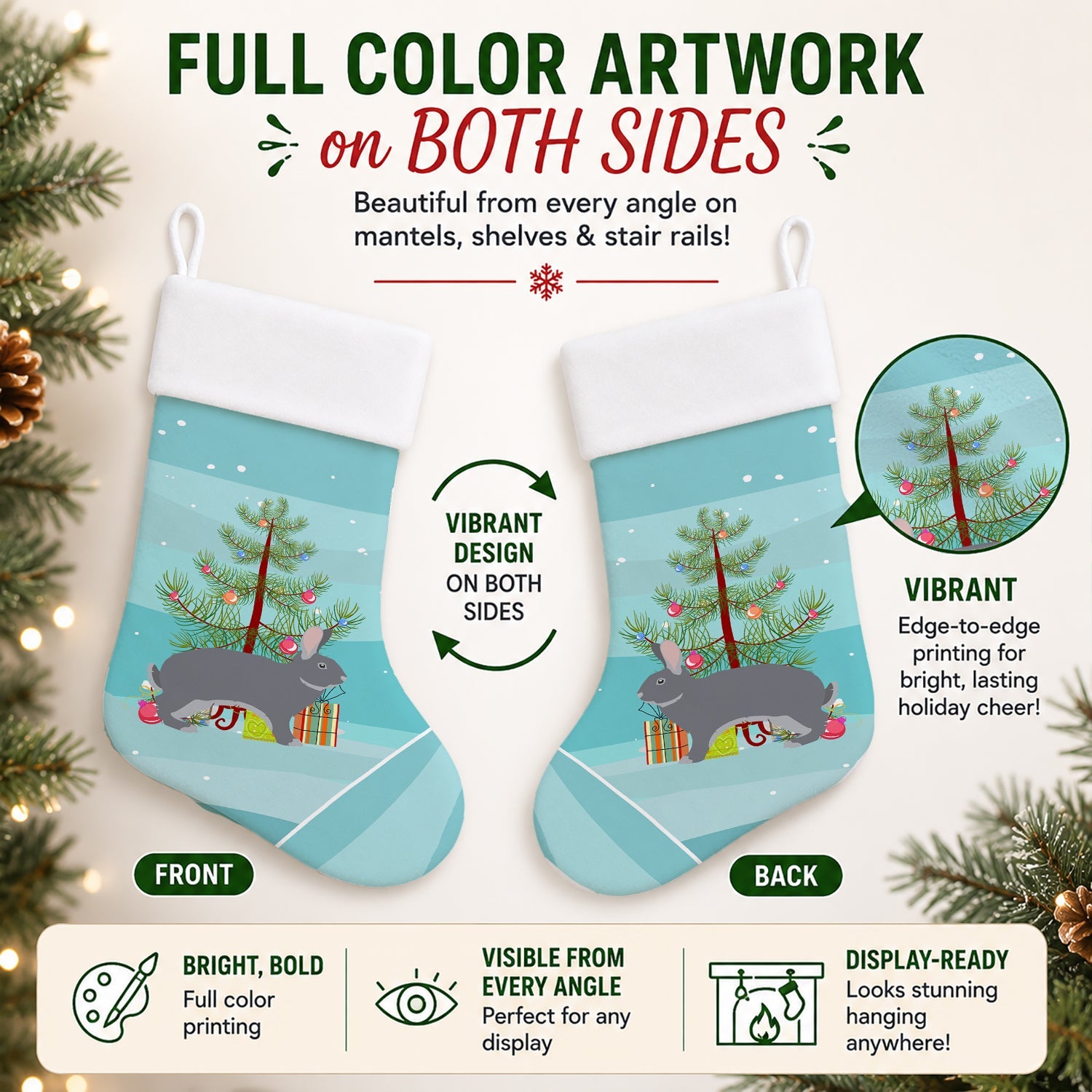 Giant Chinchilla Rabbit Christmas Holiday Stocking Double-Sided Print, Polyester Suede,11x18, Made in USA