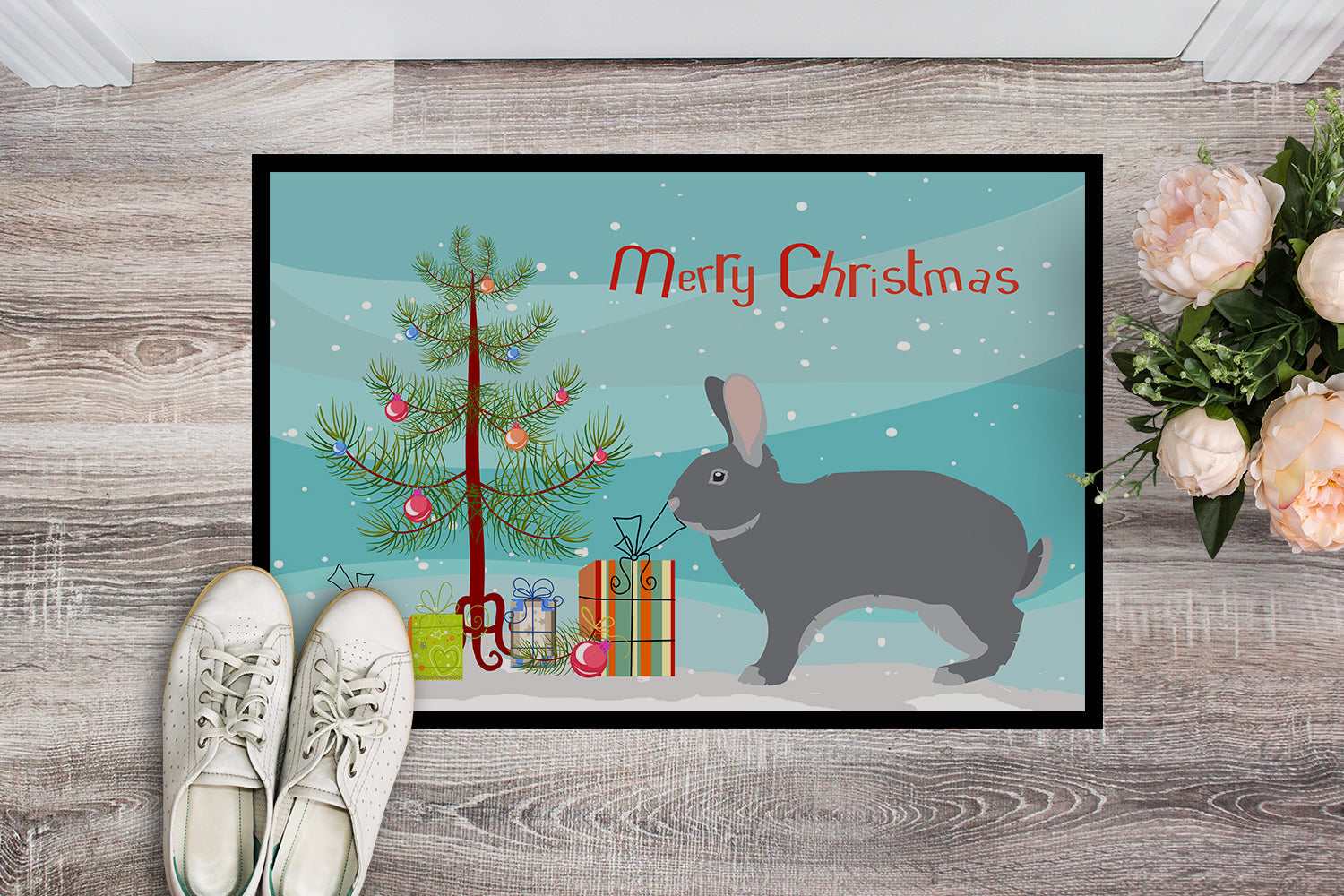 Giant Chinchilla Rabbit Christmas Doormat Indoor Outdoor 24H X 36W Front Door Mat Rugs for Entryway, Non Slip Washable Low Pile,