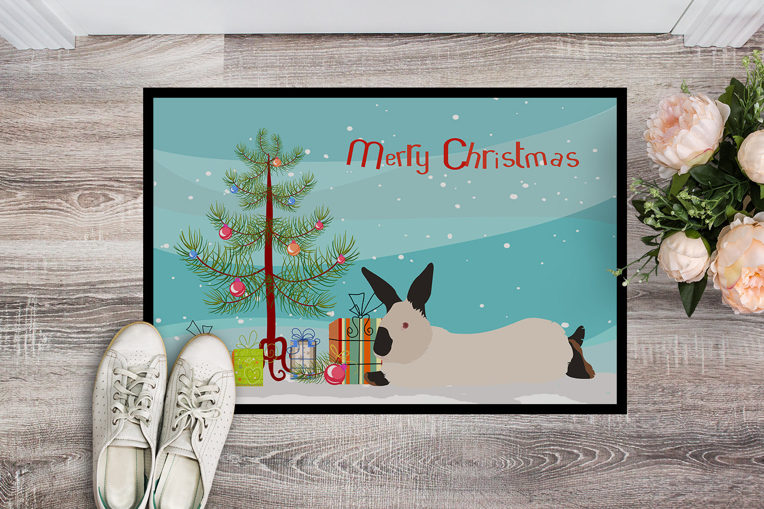 California White Rabbit Christmas Doormat Indoor Outdoor 24H X 36W Front Door Mat Rugs for Entryway, Non Slip Washable Low Pile,