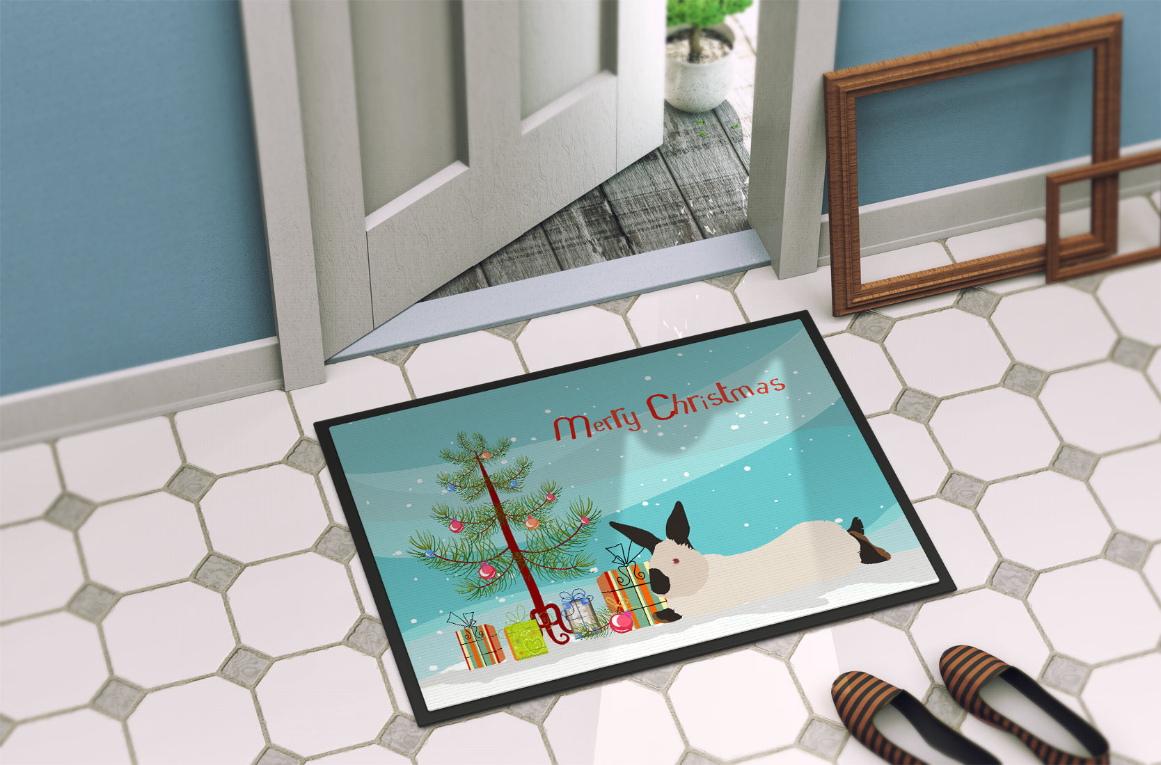 California White Rabbit Christmas Doormat Indoor Outdoor 24H X 36W Front Door Mat Rugs for Entryway, Non Slip Washable Low Pile,