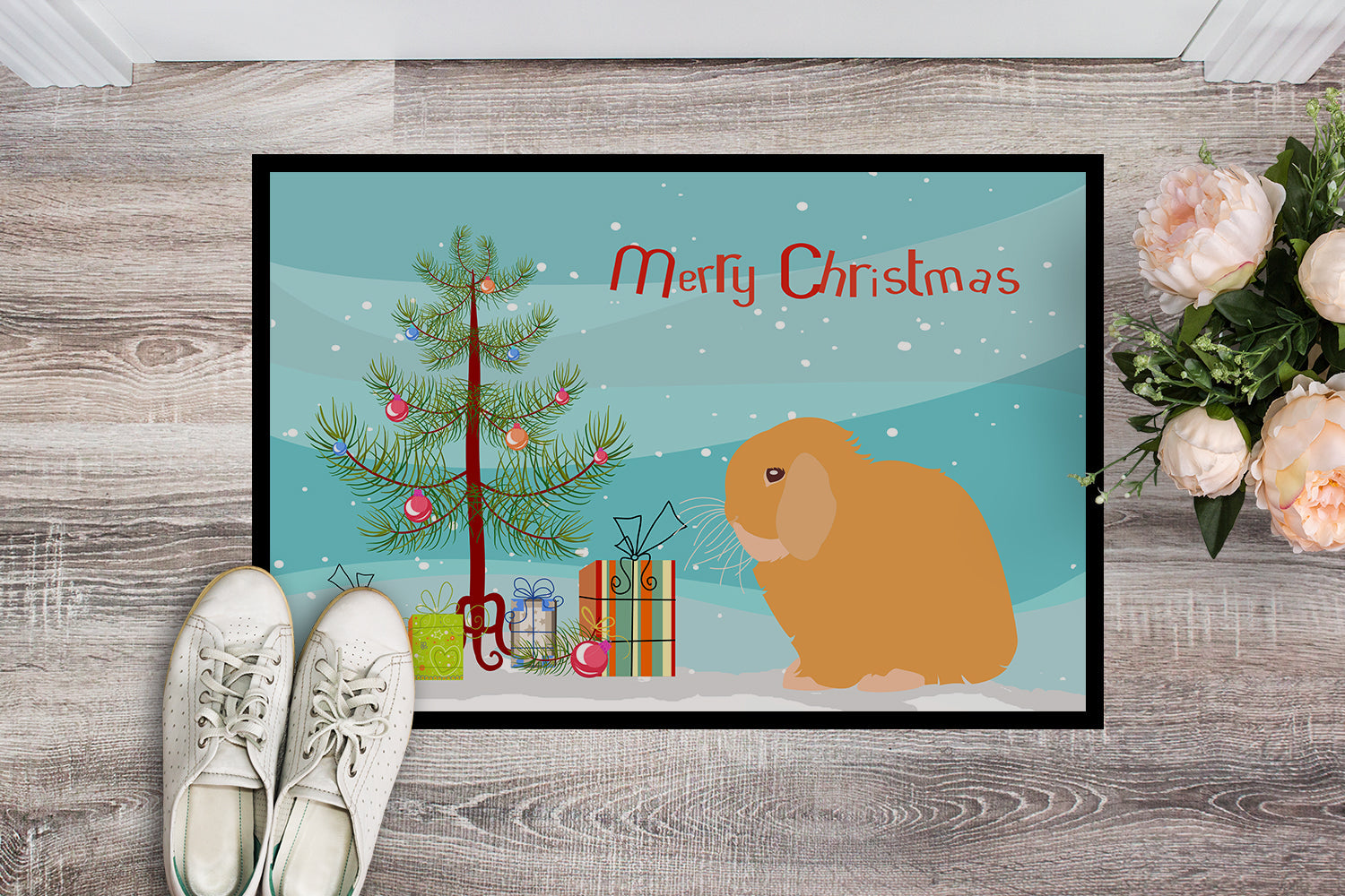 Holland Lop Rabbit Christmas Doormat Indoor Outdoor 18H X 27W Front Door Mat Rugs for Entryway, Non Slip Washable