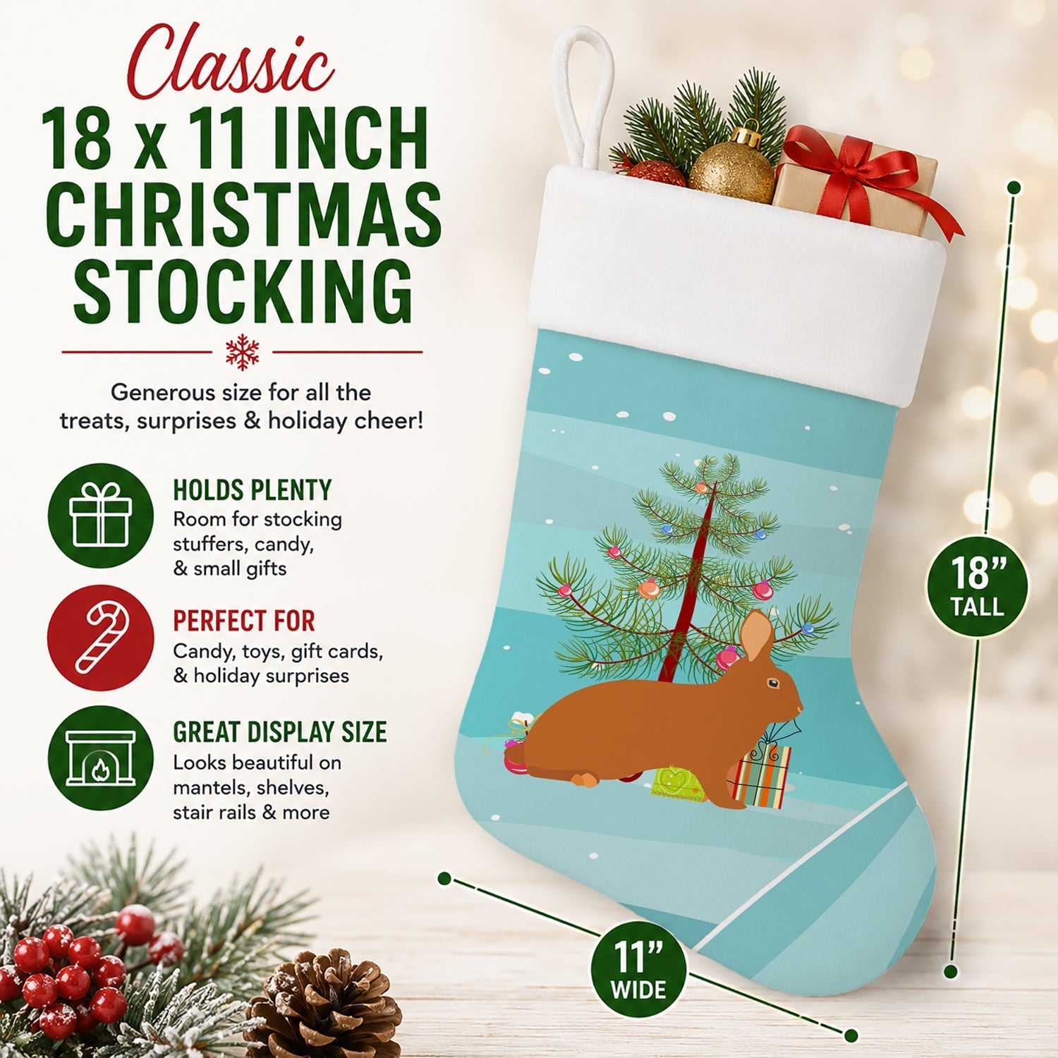 Rex Rabbit Christmas Holiday Stocking Double-Sided Print, Polyester Suede,11x18, Made in USA
