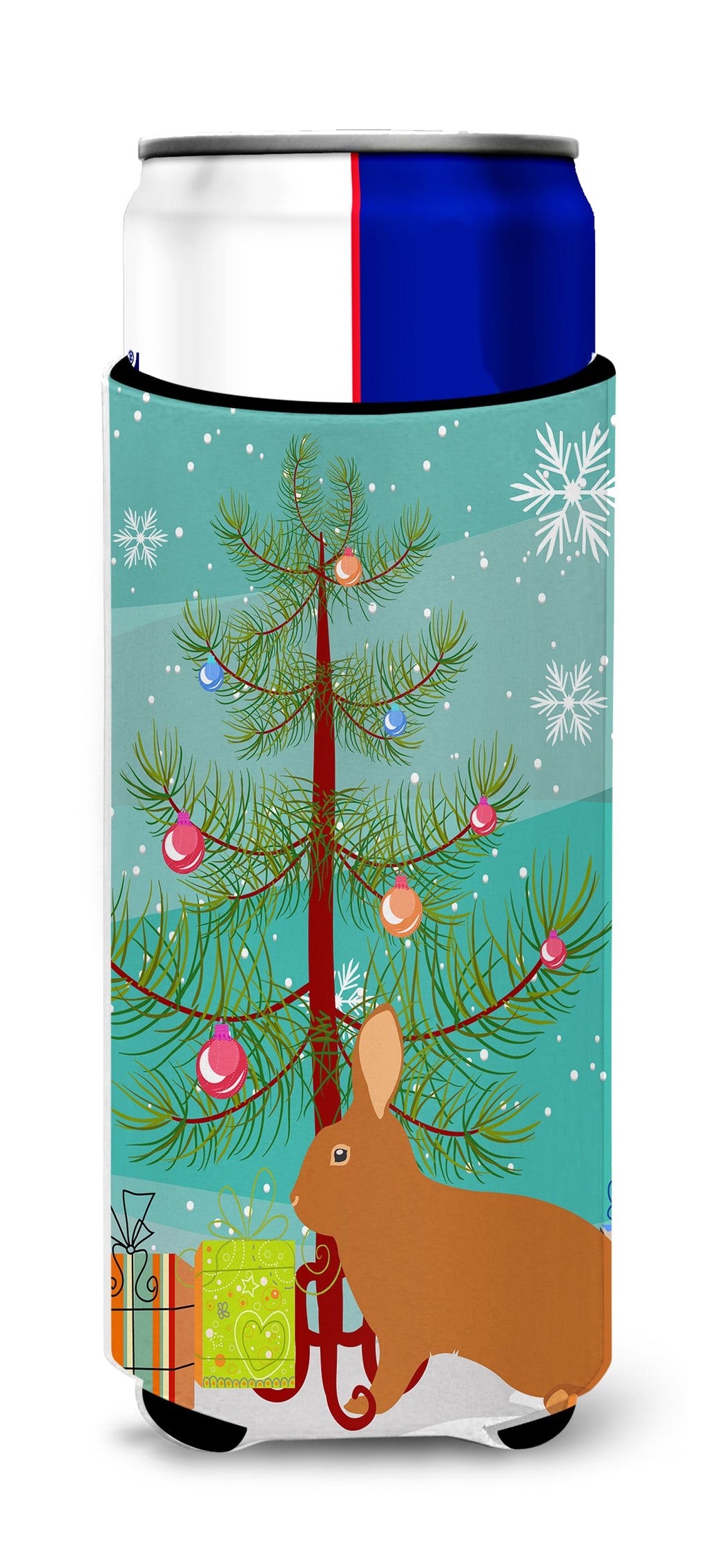 Rex Rabbit Christmas Slim Can Hugger , Insulated Foam Hugger for 12 oz Slim Cans, Beer Bottles & Water Bottles, Printed in USA