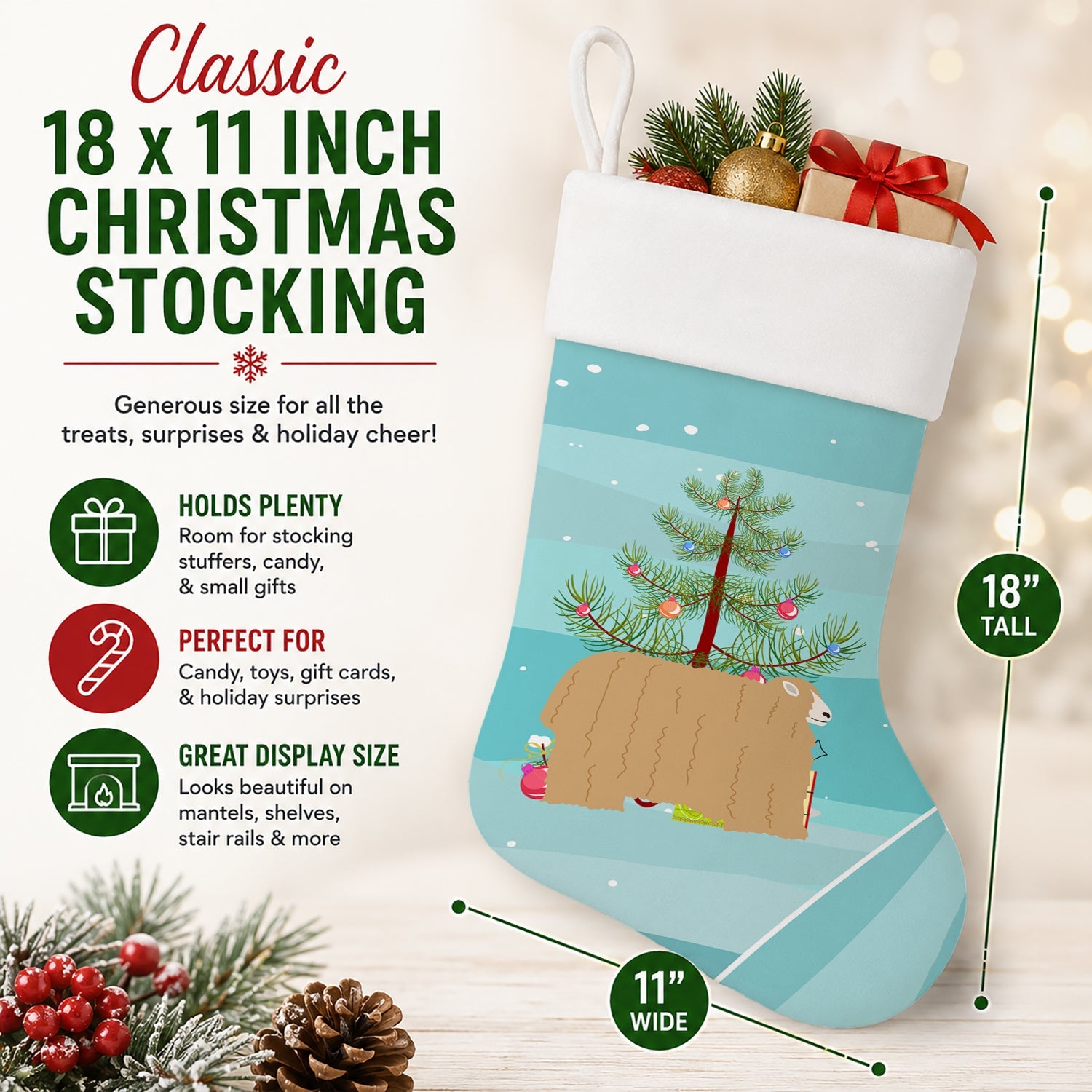 Lincoln Longwool Sheep Christmas Holiday Stocking Double-Sided Print, Polyester Suede,11x18, Made in USA