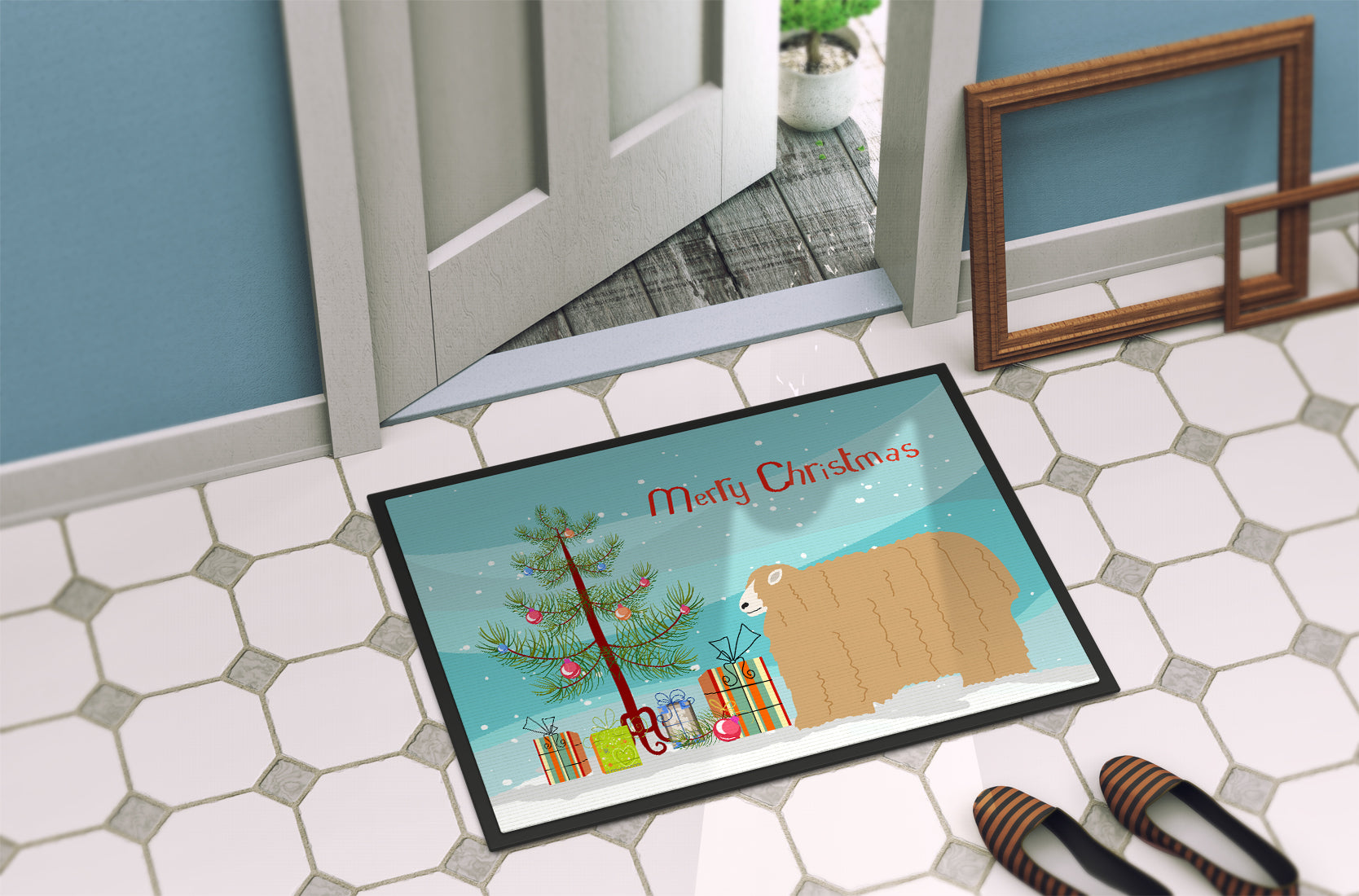 Lincoln Longwool Sheep Christmas Doormat Indoor Outdoor 24H X 36W Front Door Mat Rugs for Entryway, Non Slip Washable Low Pile,