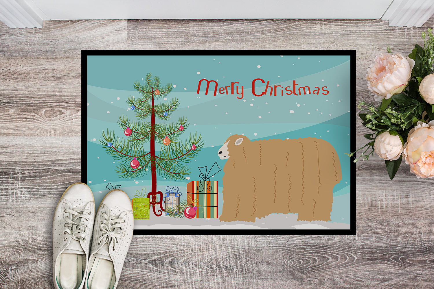 Lincoln Longwool Sheep Christmas Doormat Indoor Outdoor 18H X 27W Front Door Mat Rugs for Entryway, Non Slip Washable