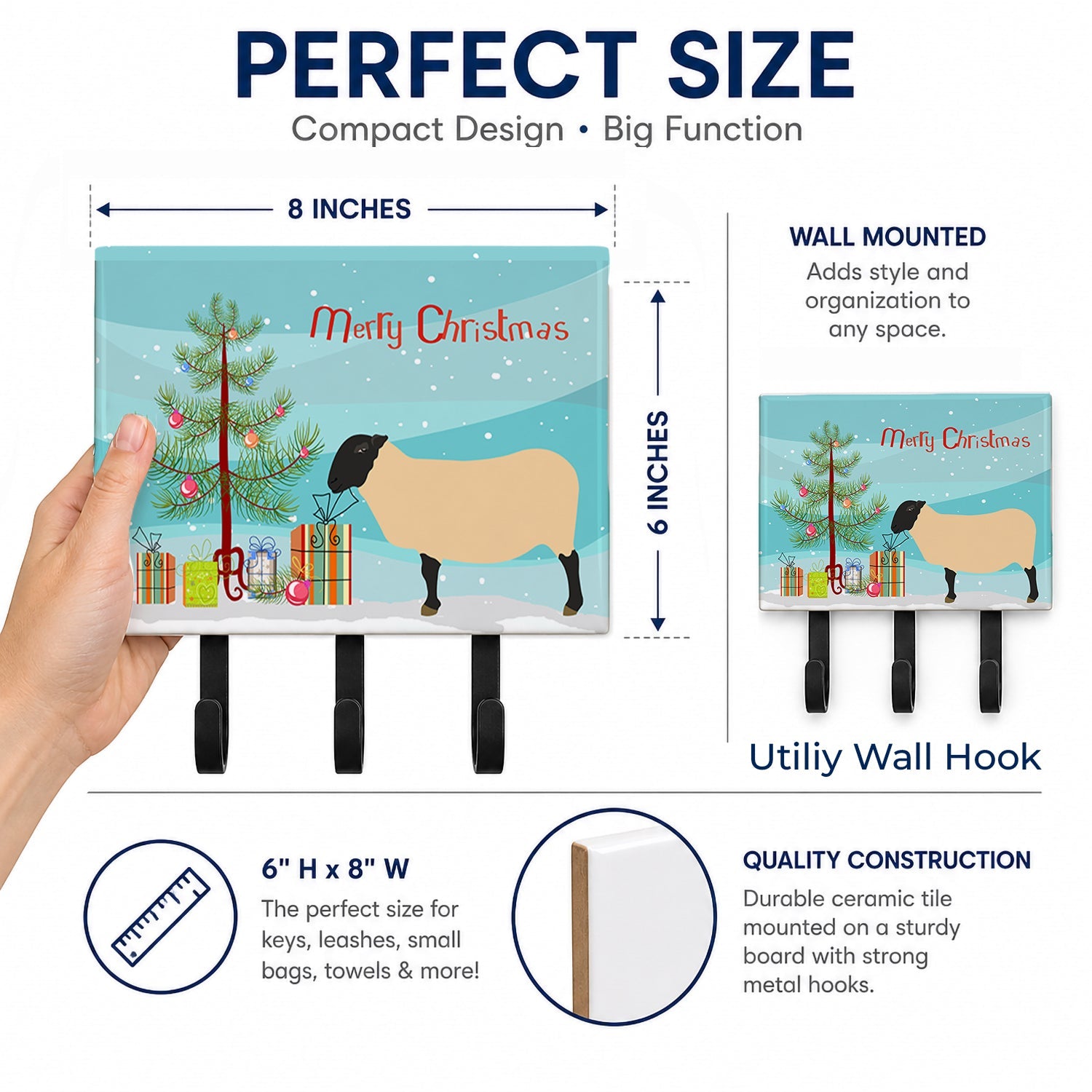 Suffolk Sheep Christmas Leash or Key Holder Wall Hooks, Coat Rack Wall Mount, for Hanging Keys, Towels, Aprons, Leashes
