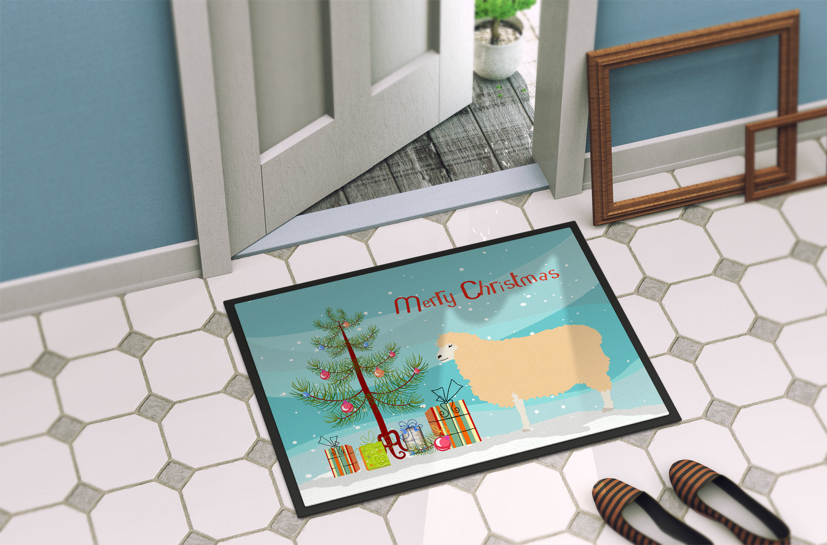 English Leicester Longwool Sheep Christmas Doormat Indoor Outdoor 18H X 27W Front Door Mat Rugs for Entryway, Non Slip Washable