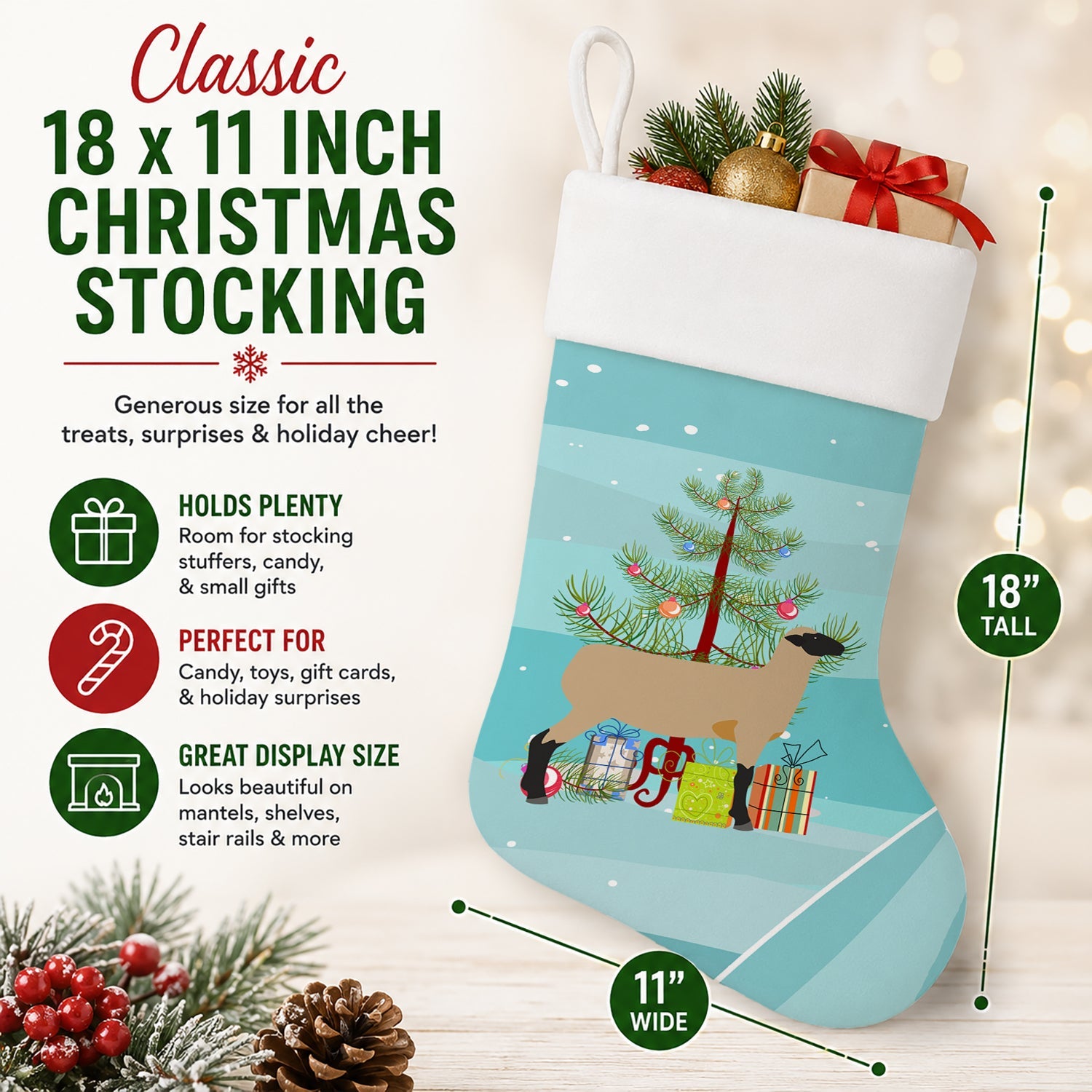 Hampshire Down Sheep Christmas Holiday Stocking Double-Sided Print, Polyester Suede,11x18, Made in USA