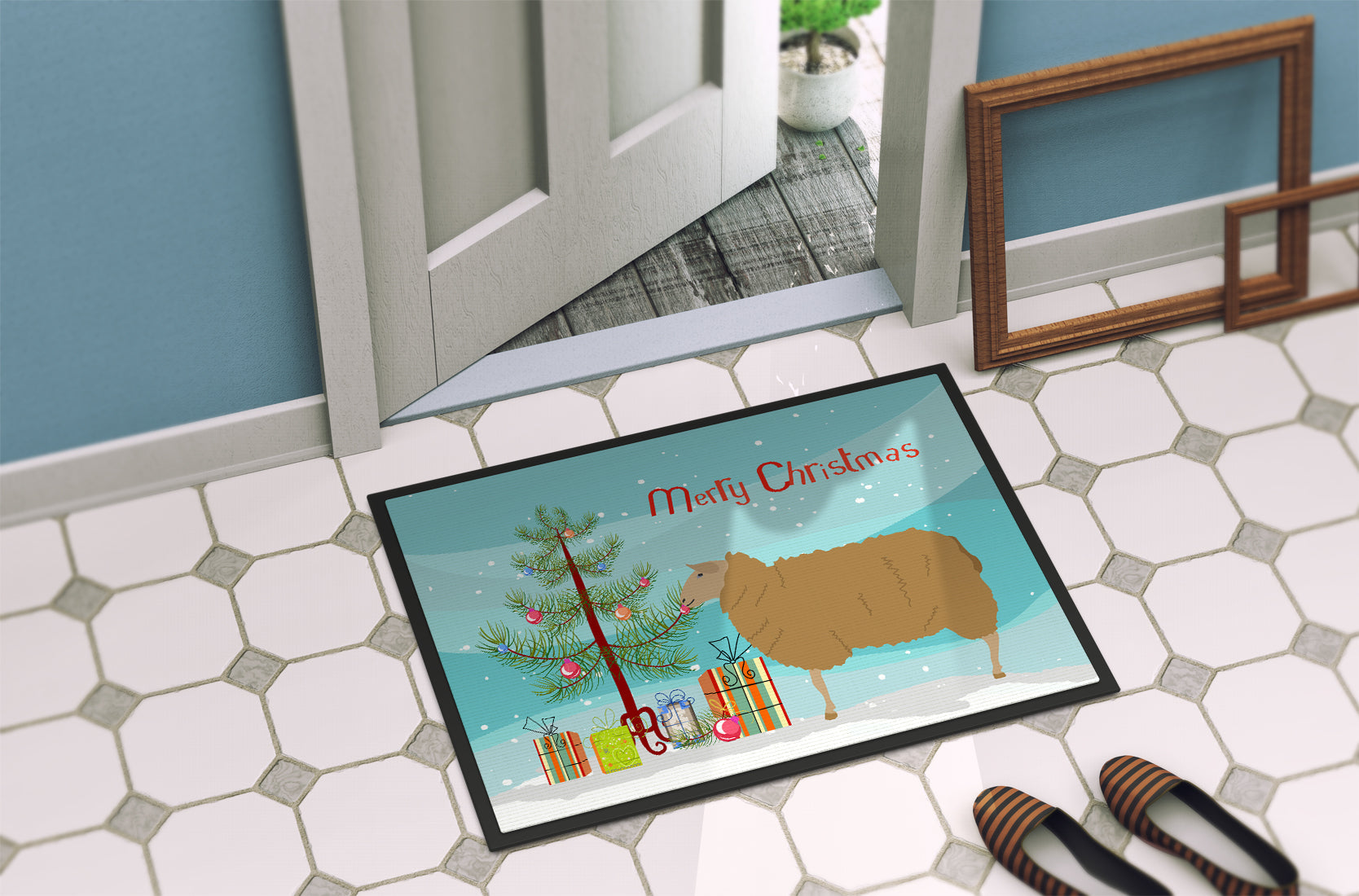 East Friesian Sheep Christmas Doormat Indoor Outdoor 24H X 36W Front Door Mat Rugs for Entryway, Non Slip Washable Low Pile,
