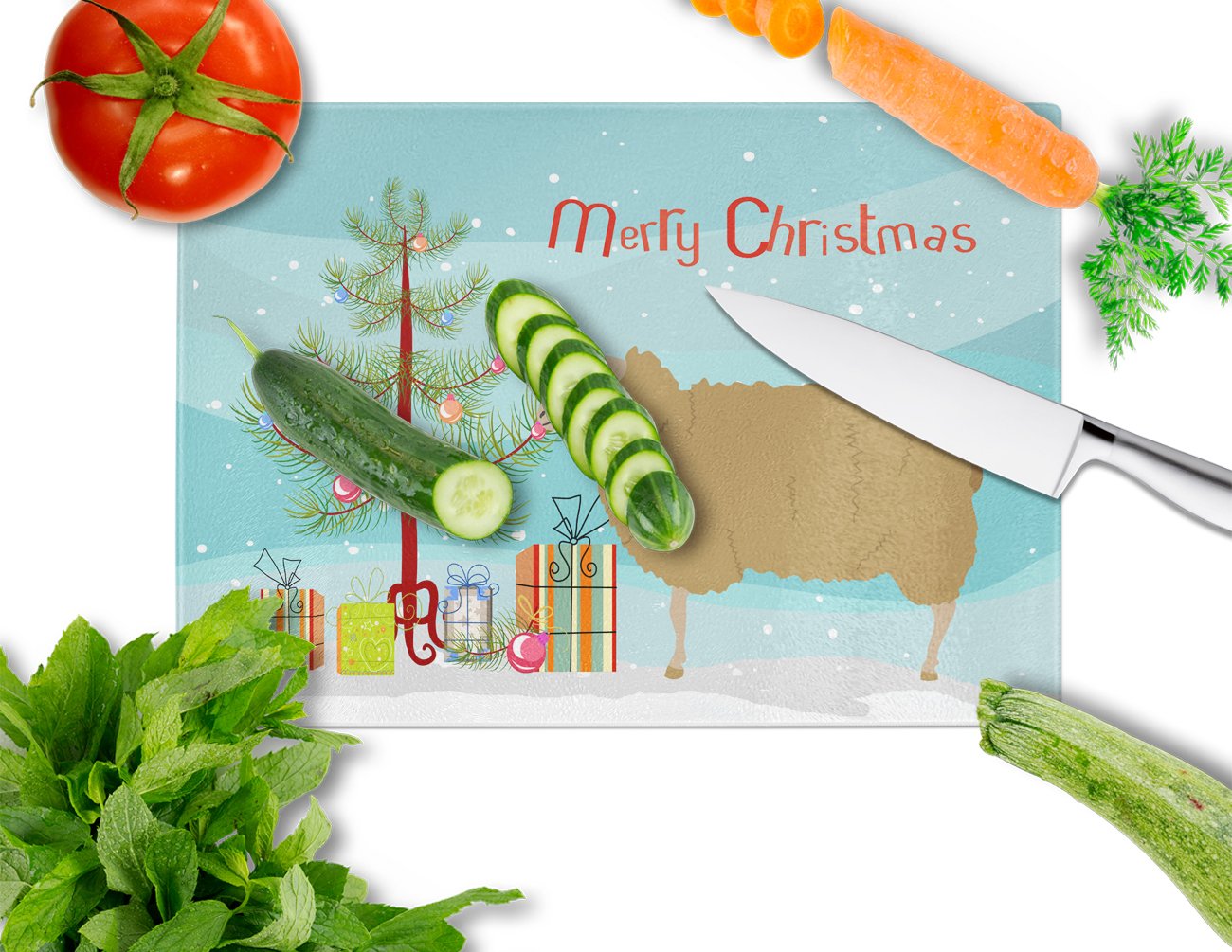 East Friesian Sheep Christmas Cutting Board Tempered Glass Kitchen Cutting Surface, Heat Resistant Chopping, Non-Slip Feet, Food Prep & Serving