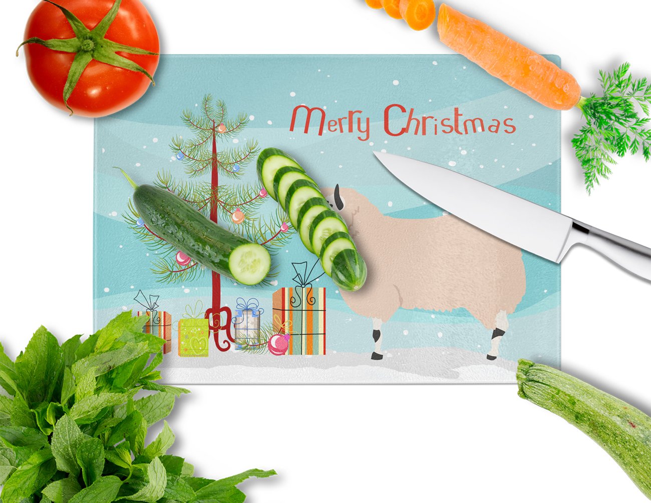 Kerry Hill Sheep Christmas Cutting Board Tempered Glass Kitchen Cutting Surface, Heat Resistant Chopping, Non-Slip Feet, Food Prep & Serving