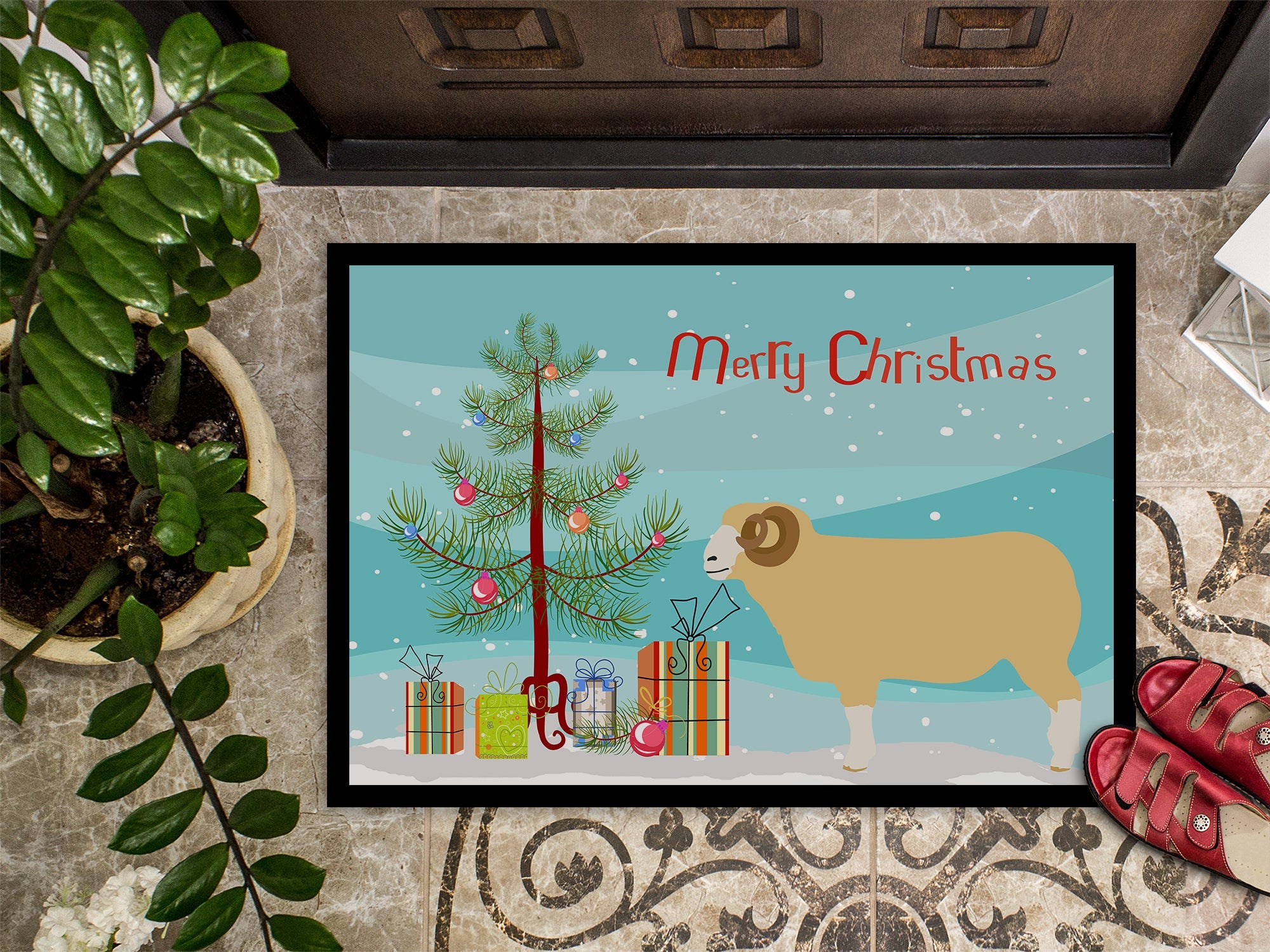 Horned Dorset Sheep Christmas Doormat Indoor Outdoor 24H X 36W Front Door Mat Rugs for Entryway, Non Slip Washable Low Pile,