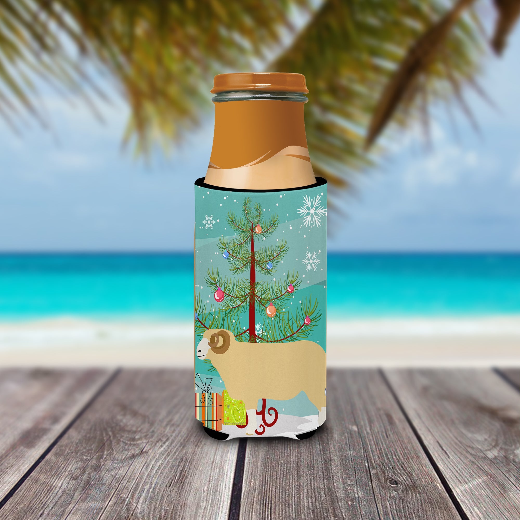 Horned Dorset Sheep Christmas Slim Can Hugger , Insulated Foam Hugger for 12 oz Slim Cans, Beer Bottles & Water Bottles, Printed in USA