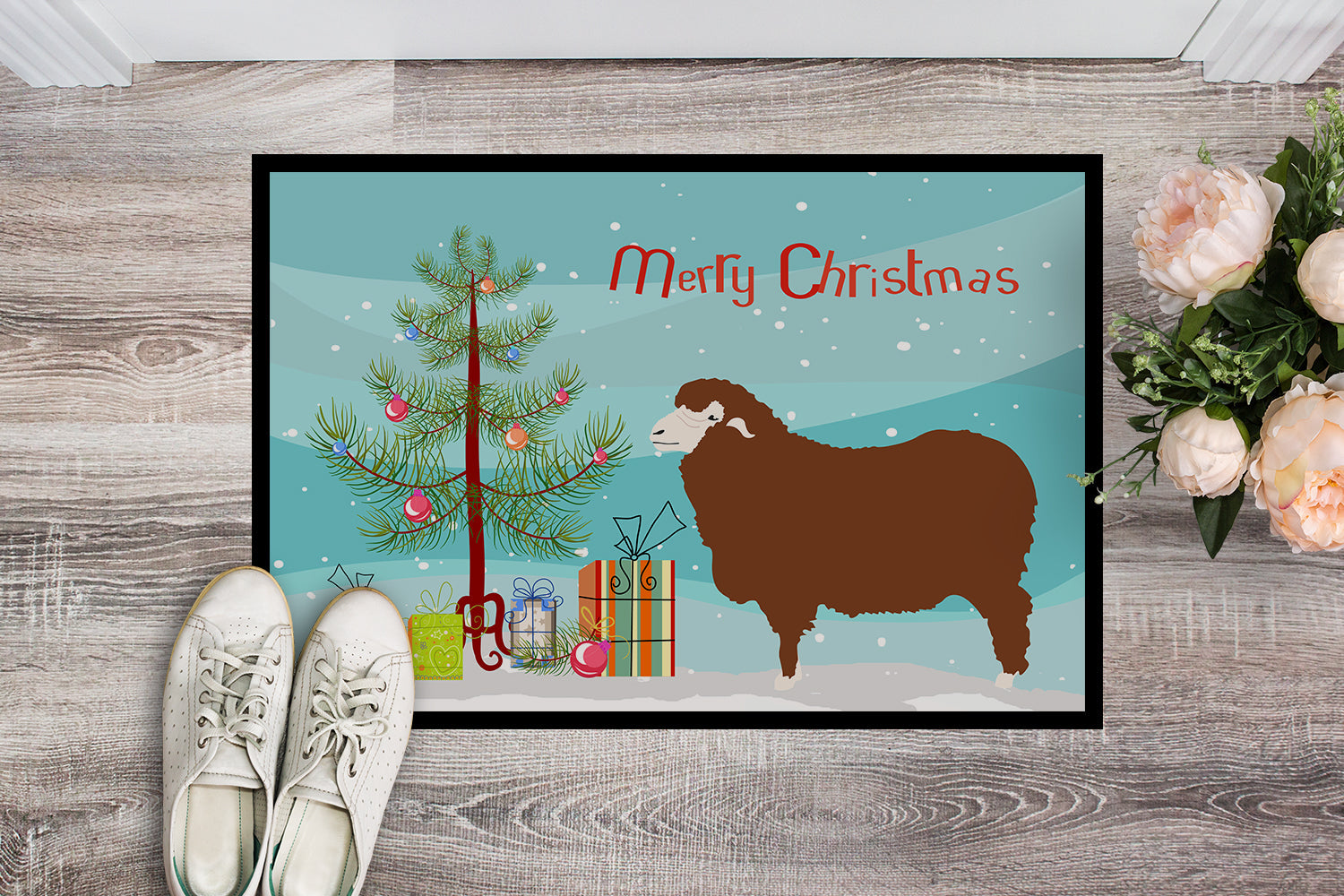 Merino Sheep Christmas Doormat Indoor Outdoor 24H X 36W Front Door Mat Rugs for Entryway, Non Slip Washable Low Pile,