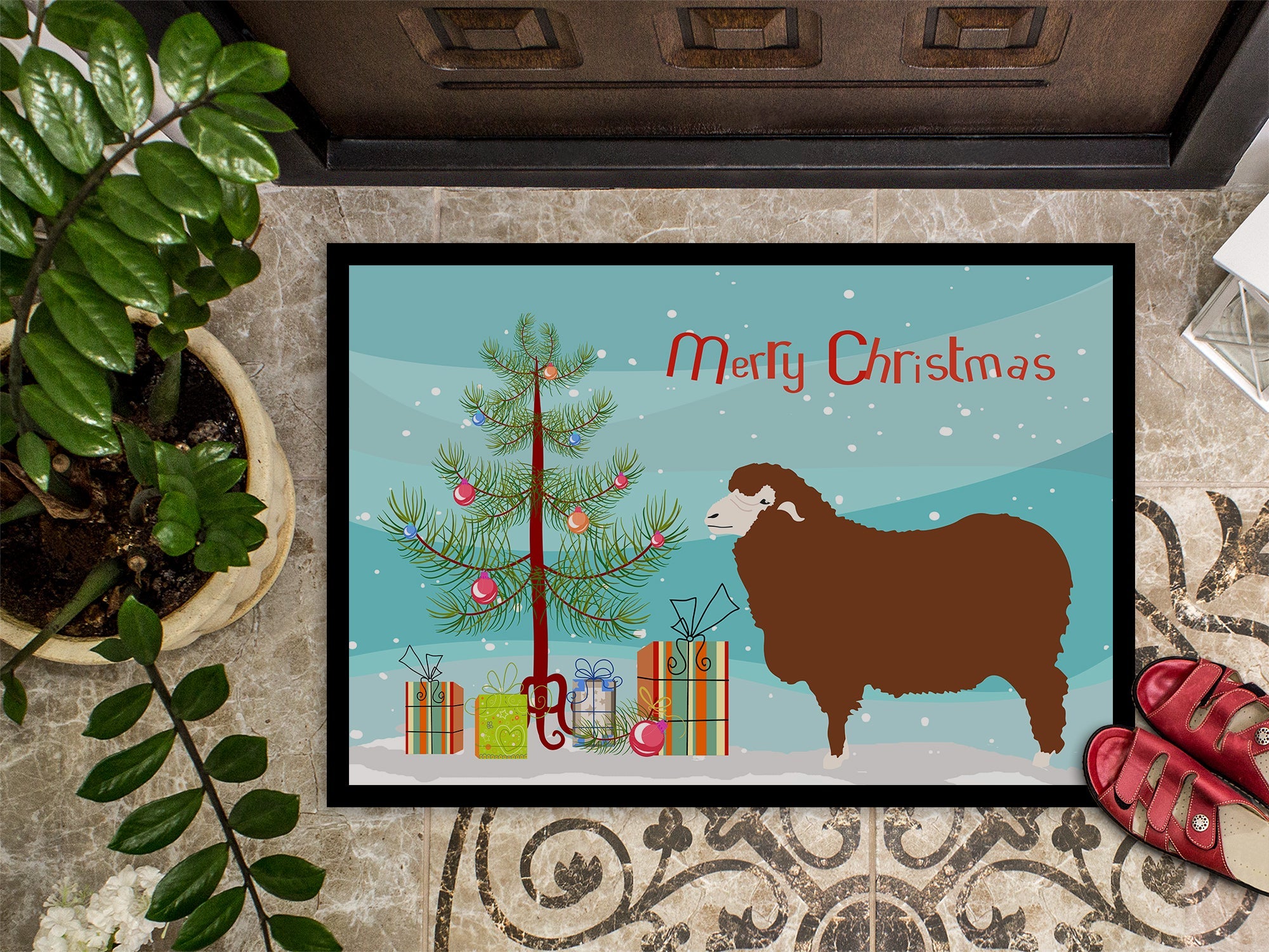 Merino Sheep Christmas Doormat Indoor Outdoor 24H X 36W Front Door Mat Rugs for Entryway, Non Slip Washable Low Pile,