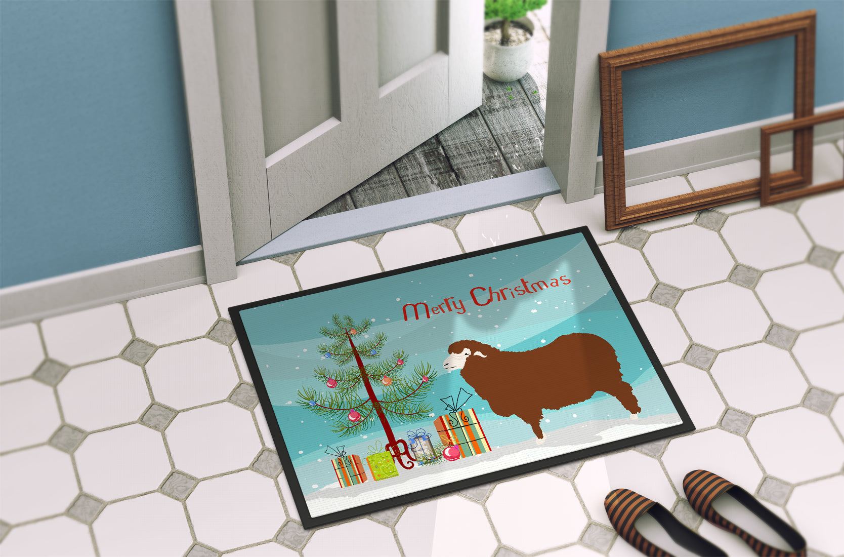 Merino Sheep Christmas Doormat Indoor Outdoor 24H X 36W Front Door Mat Rugs for Entryway, Non Slip Washable Low Pile,