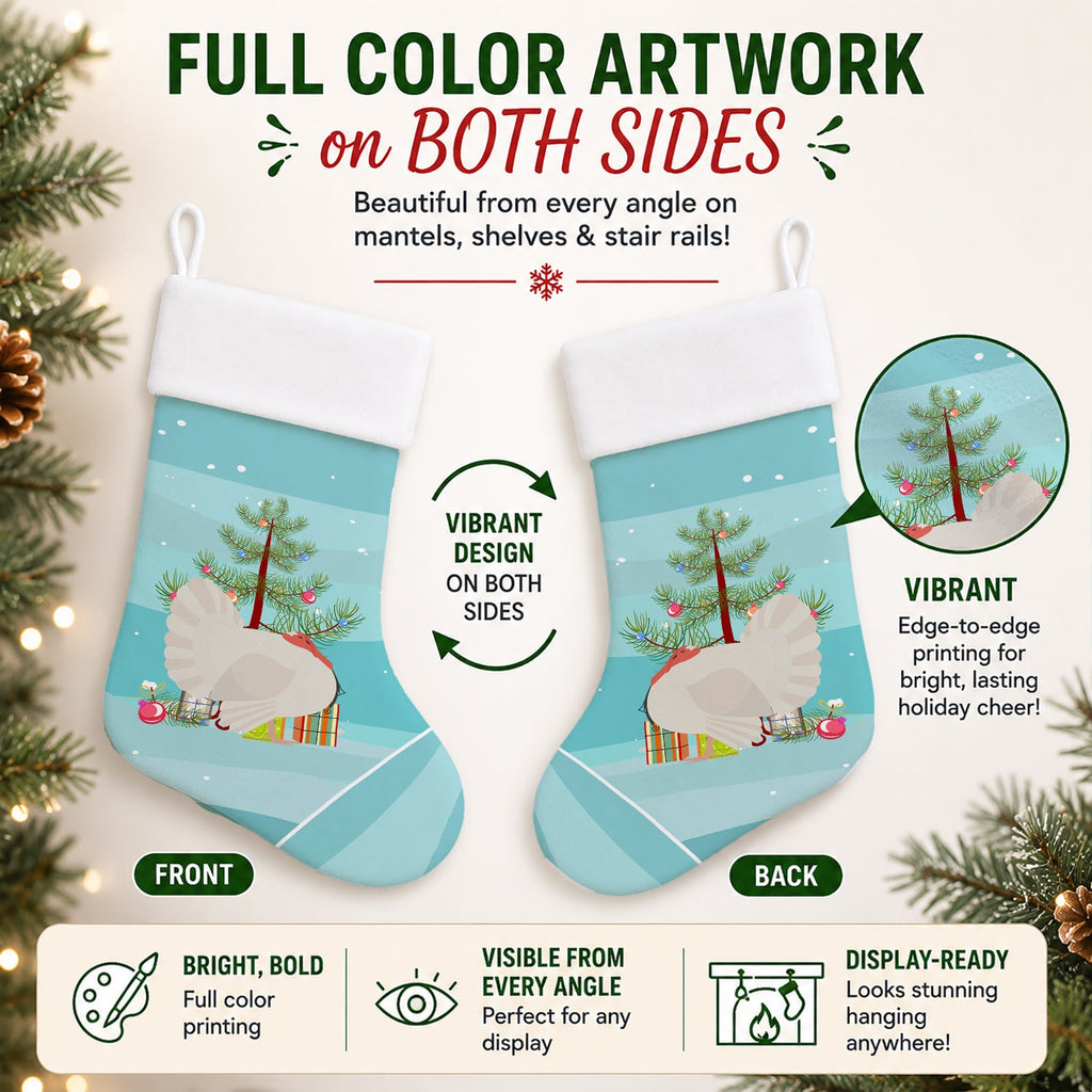 White Holland Turkey Christmas Holiday Stocking Double-Sided Print, Polyester Suede,11x18, Made in USA