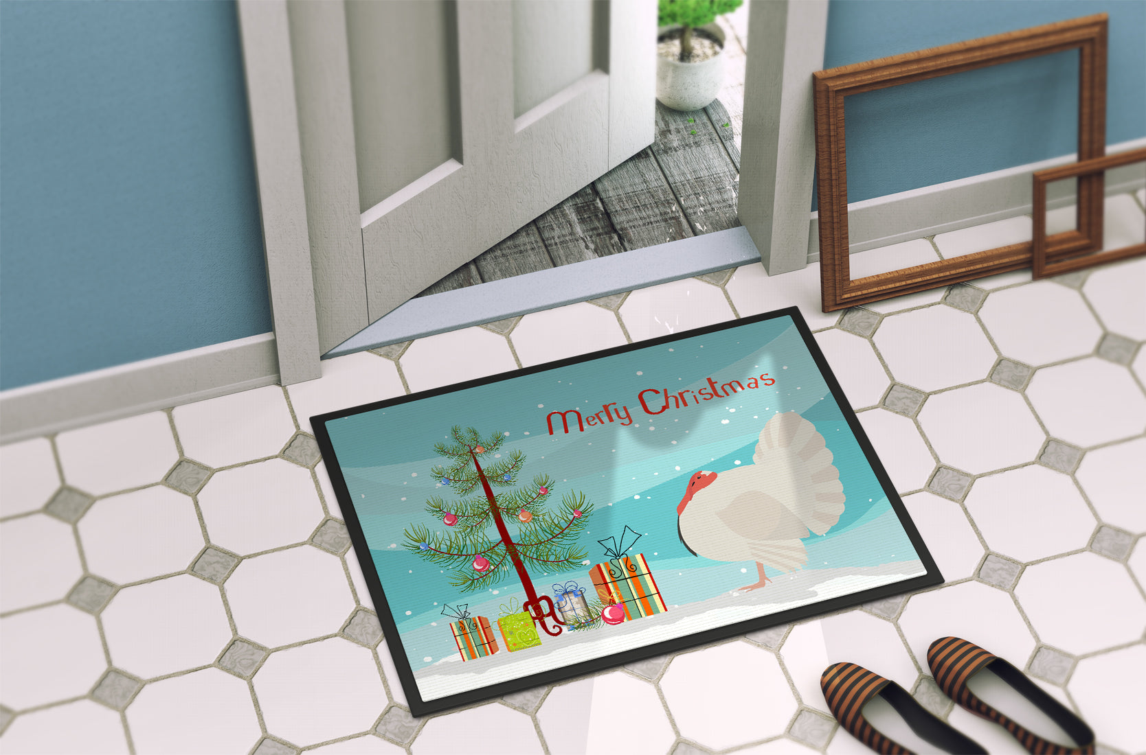 White Holland Turkey Christmas Doormat Indoor Outdoor 18H X 27W Front Door Mat Rugs for Entryway, Non Slip Washable