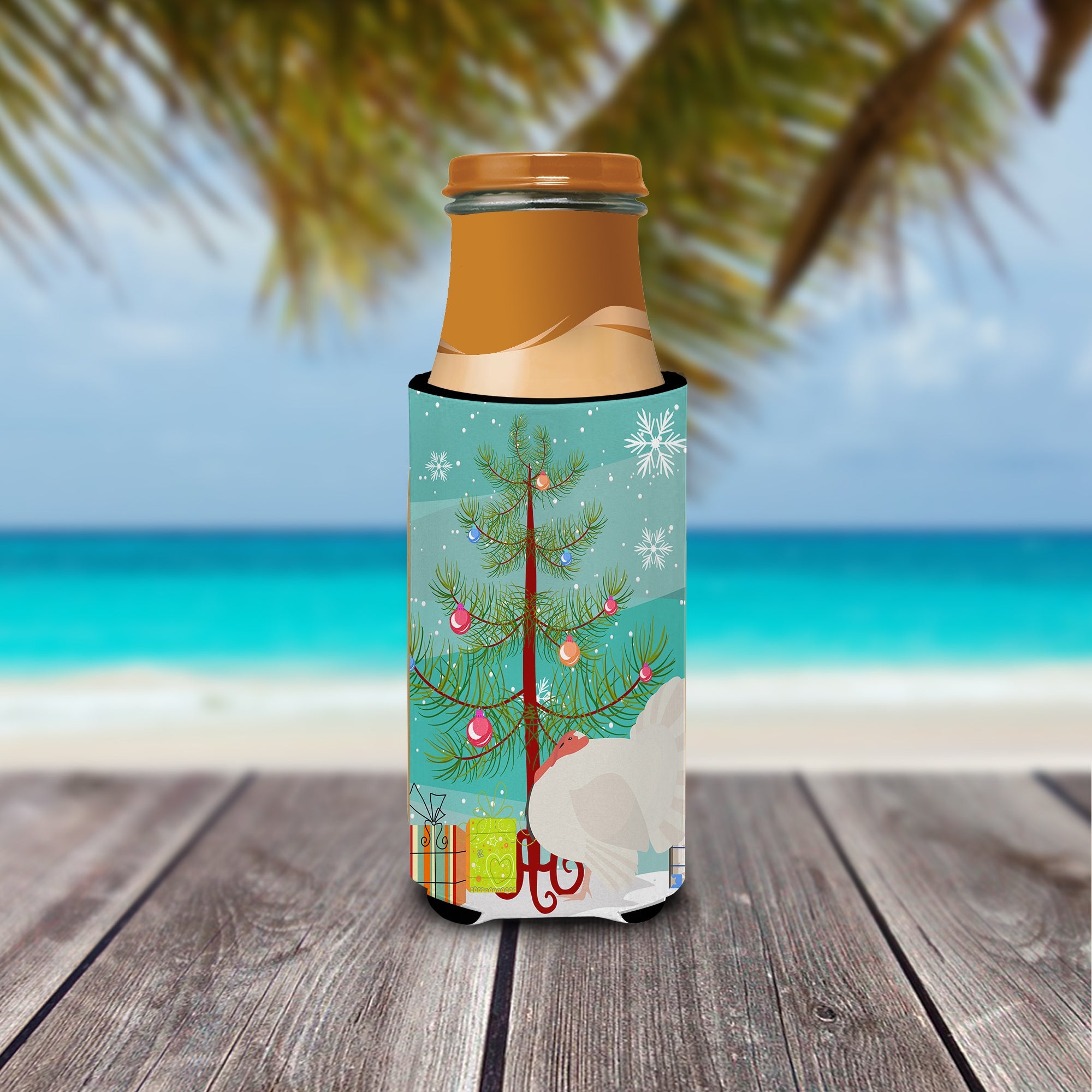 White Holland Turkey Christmas Slim Can Hugger , Insulated Foam Hugger for 12 oz Slim Cans, Beer Bottles & Water Bottles, Printed in USA