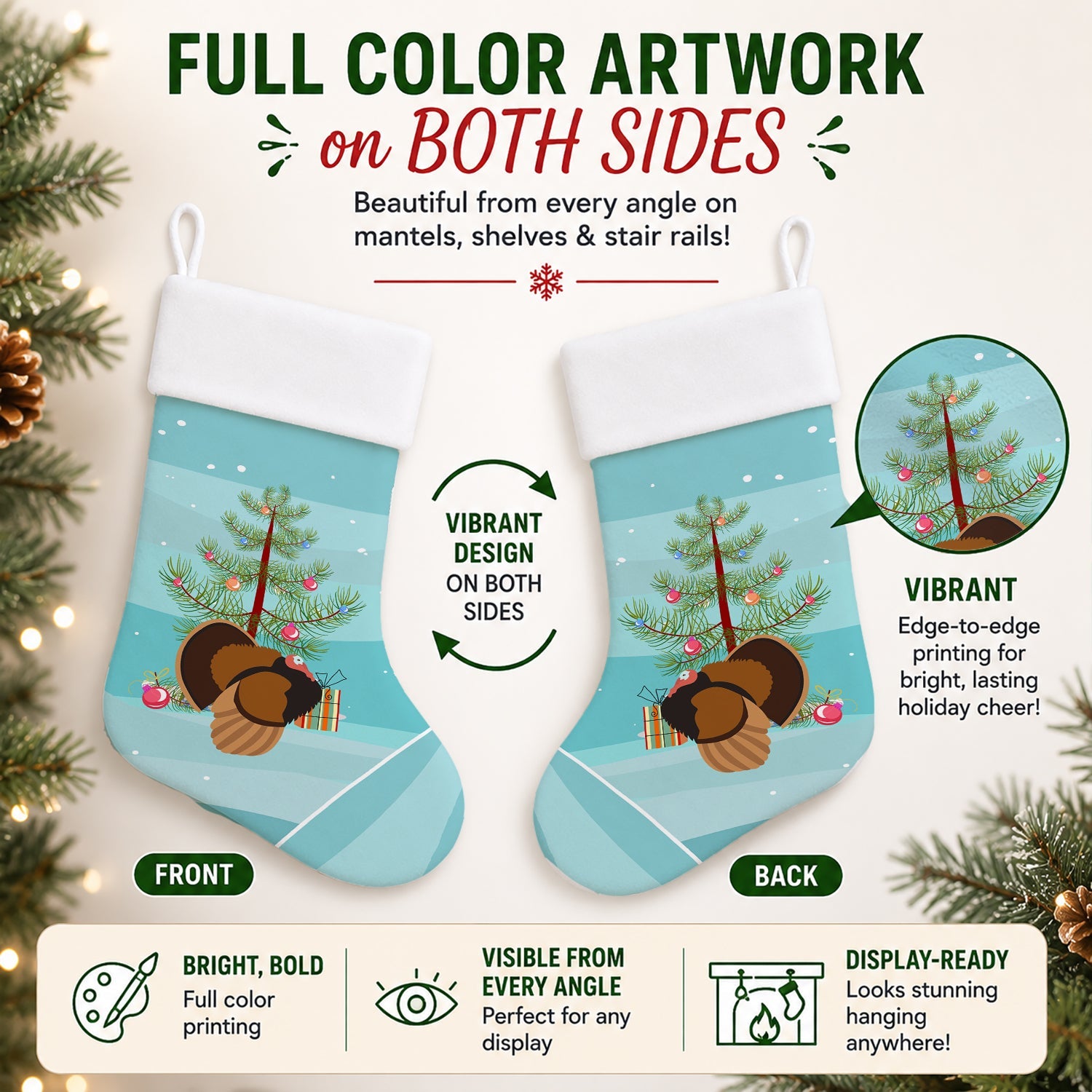 Bronze Turkey Christmas Holiday Stocking Double-Sided Print, Polyester Suede,11x18, Made in USA
