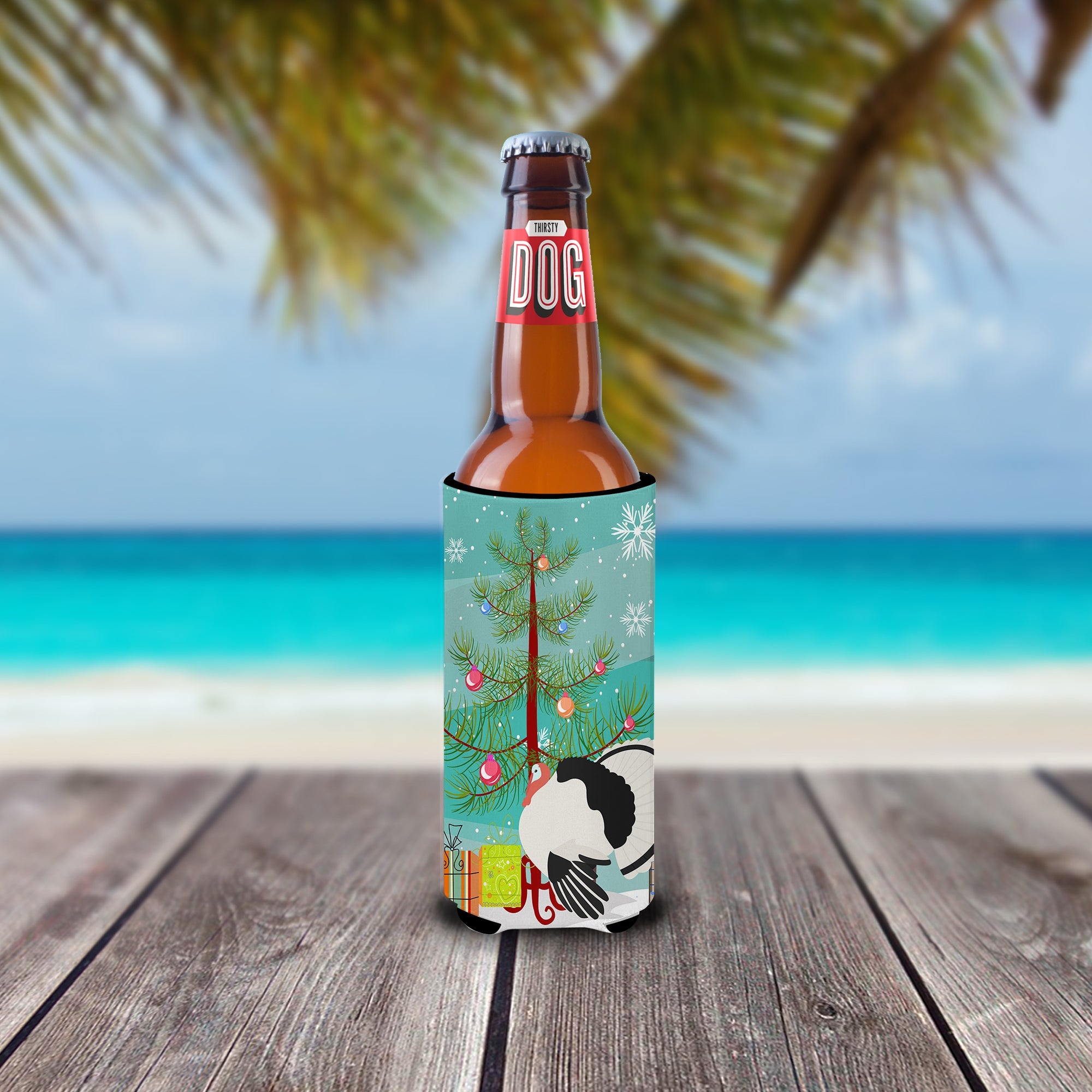 Royal Palm Turkey Christmas Slim Can Hugger , Insulated Foam Hugger for 12 oz Slim Cans, Beer Bottles & Water Bottles, Printed in USA