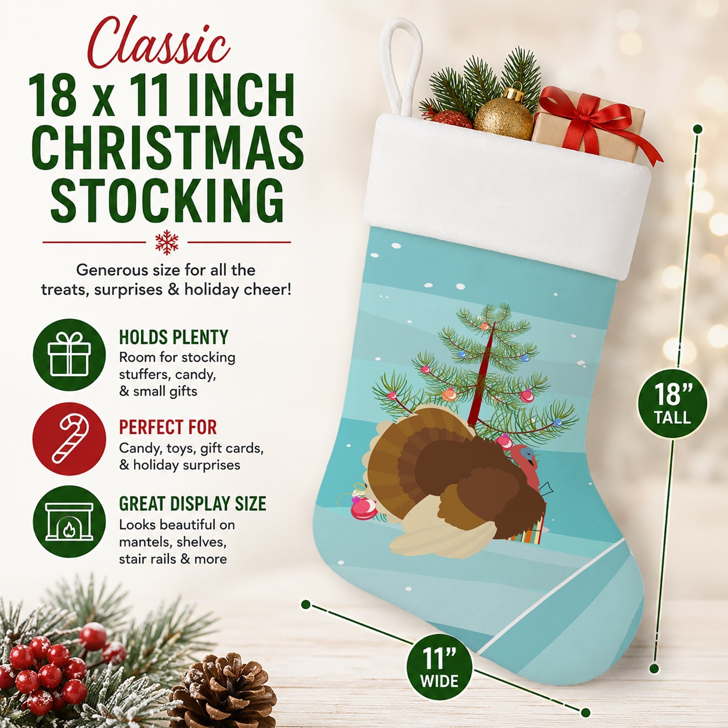 French Turkey Dindon Christmas Holiday Stocking Double-Sided Print, Polyester Suede,11x18, Made in USA