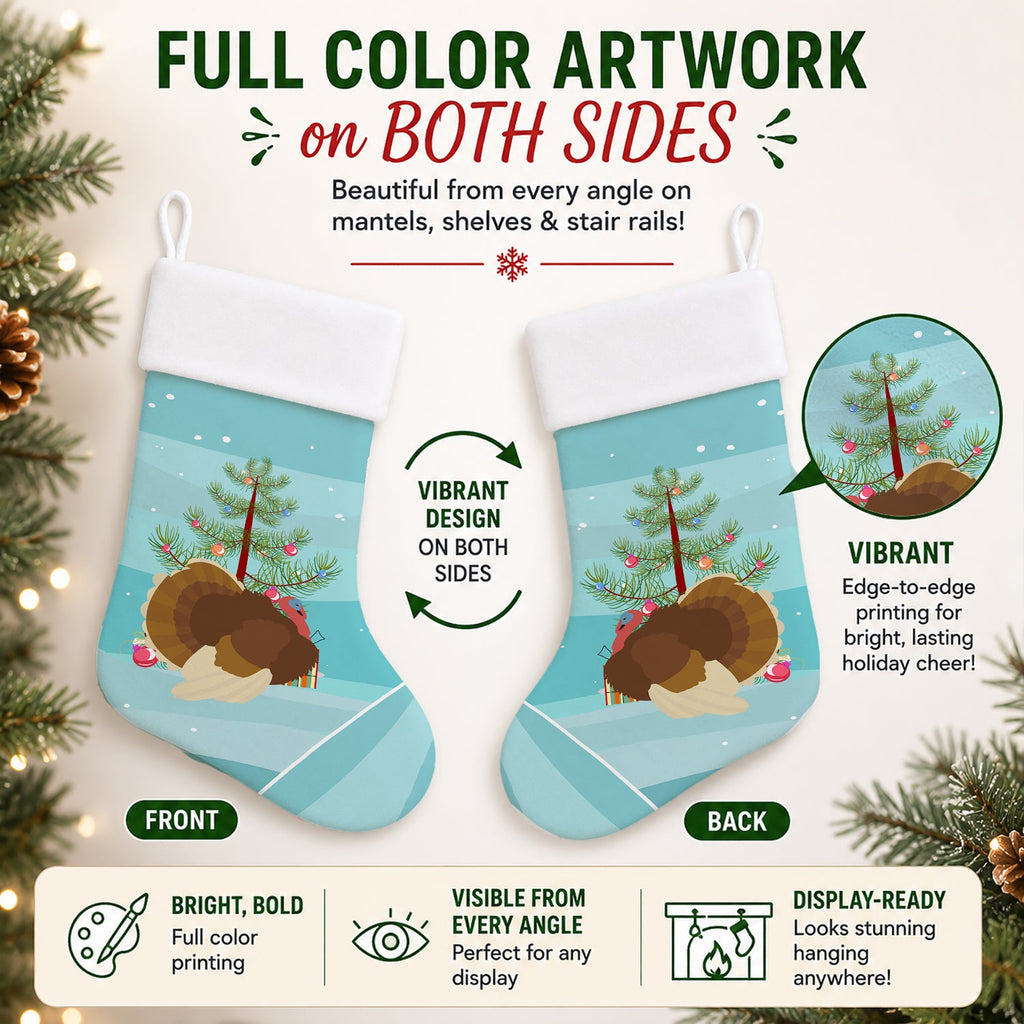 French Turkey Dindon Christmas Holiday Stocking Double-Sided Print, Polyester Suede,11x18, Made in USA