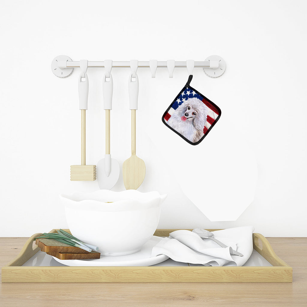 Medium White Poodle Patriotic Pot Holder Set of 2 Heat Resistant Quilted Hot Pads 7.5 x 7.5 Inch, Insulated Kitchen Trivets for Cooking & Baking