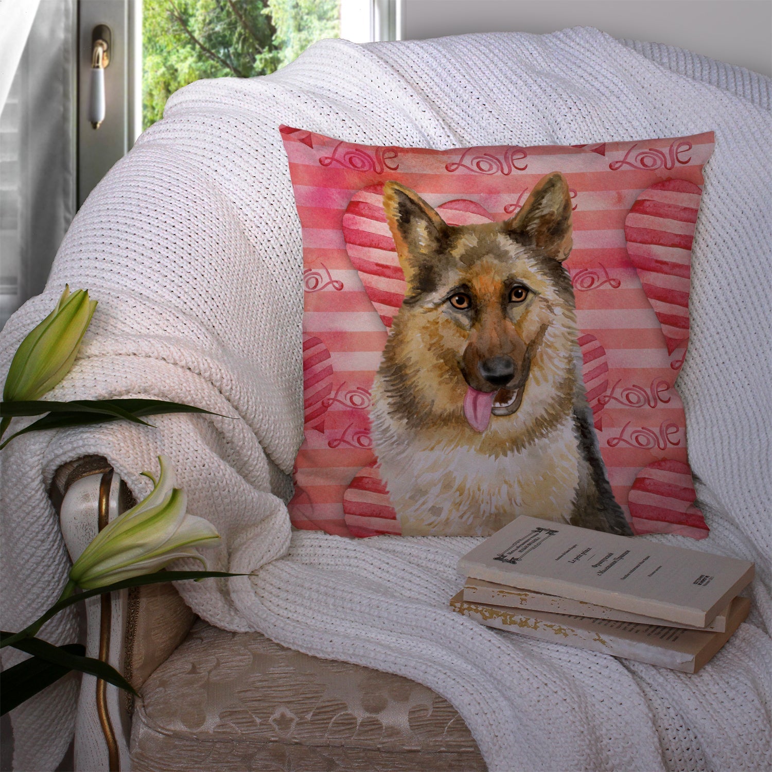 German Shepherd Love Decorative Throw Pillow 14x14 Indoor Outdoor Accent Cushion, Fabric Cover with Insert for Sofa, Bed, Porch & Living Room
