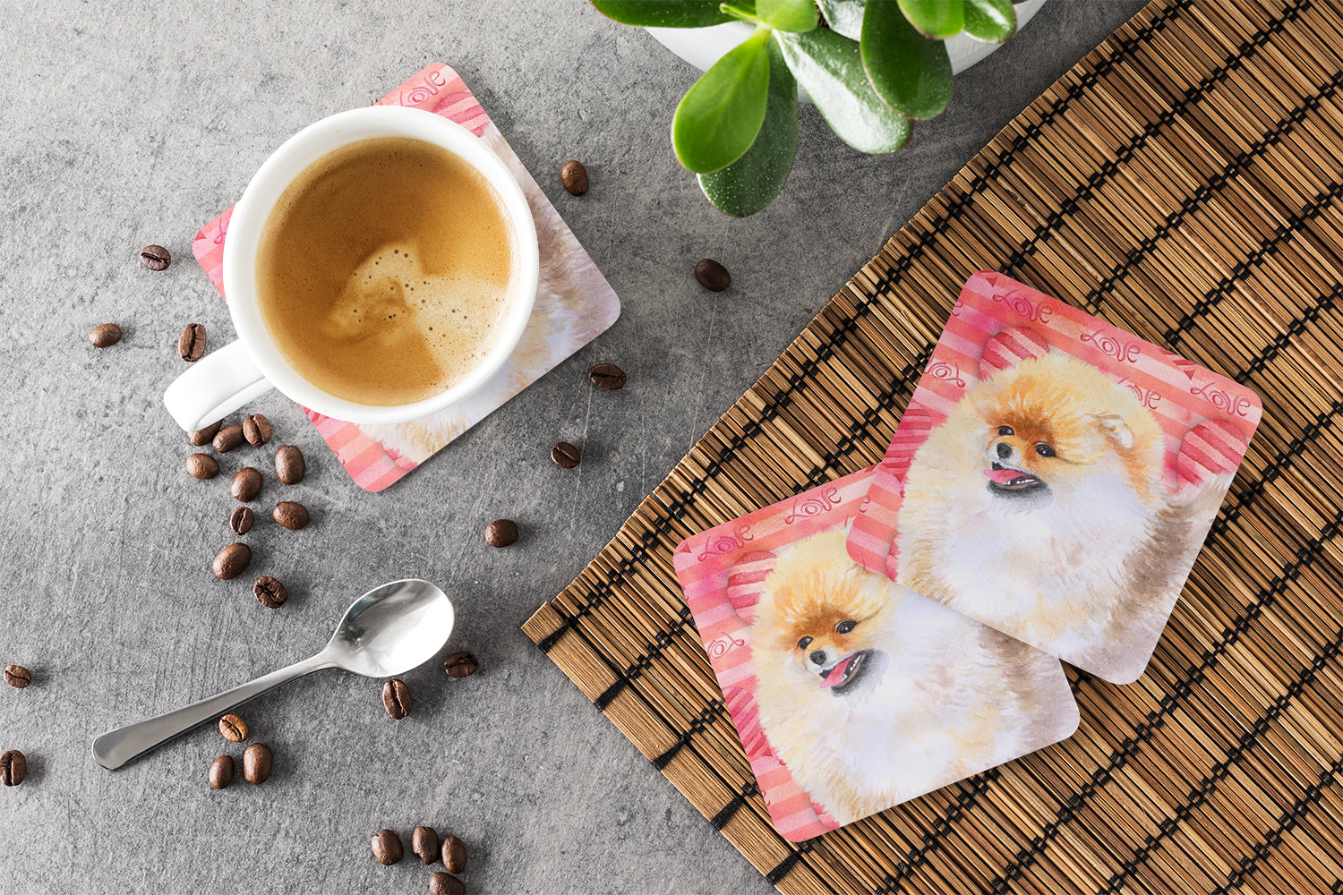 Pomeranian Love Foam Coasters Set of 4 Cup Coasters for Indoor Outdoor, Tabletop Protection, Anti Slip, Mouse pad Material