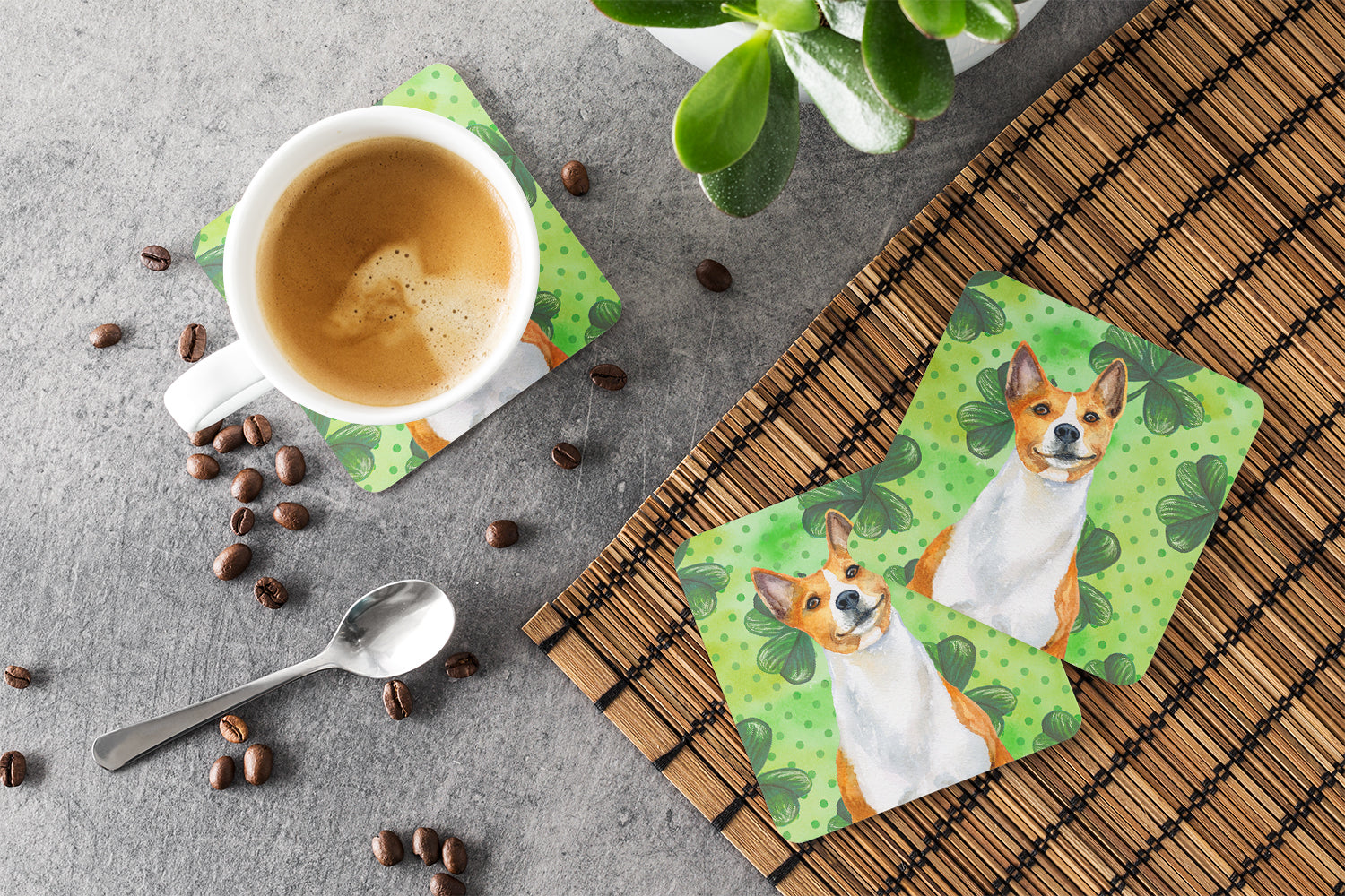 Basenji St Patrick's Foam Coasters Set of 4 Cup Coasters for Indoor Outdoor, Tabletop Protection, Anti Slip, Mouse pad Material