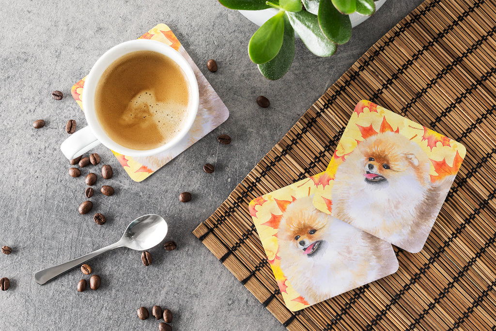 Pomeranian Fall Foam Coasters Set of 4 Cup Coasters for Indoor Outdoor, Tabletop Protection, Anti Slip, Mouse pad Material