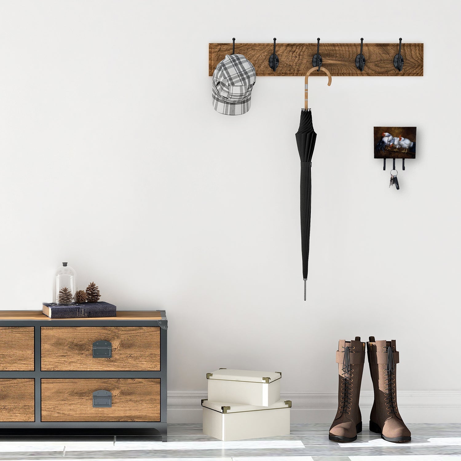 Roosting Rooster and Chickens Leash or Key Holder Wall Hooks, Coat Rack Wall Mount, for Hanging Keys, Towels, Aprons, Leashes