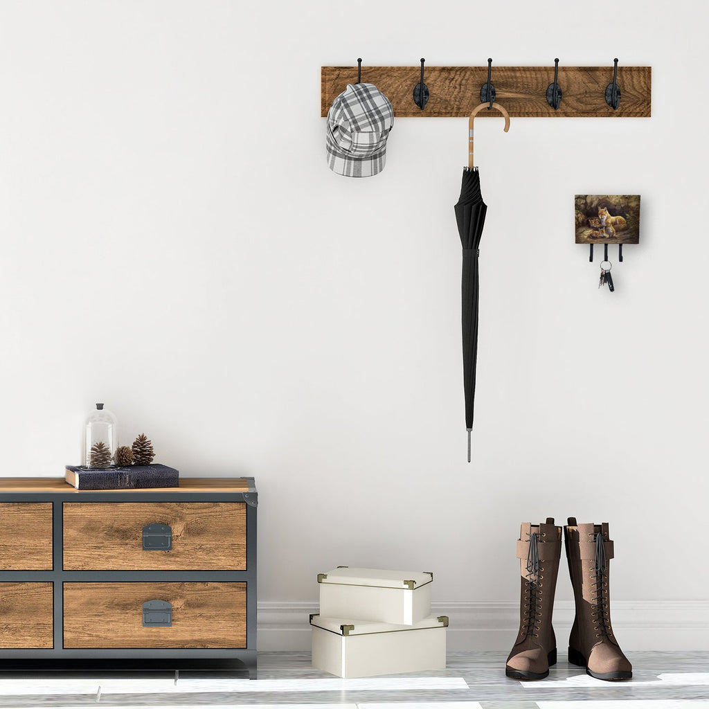 Fox Family Foxes by the Den Leash or Key Holder Wall Hooks, Coat Rack Wall Mount, for Hanging Keys, Towels, Aprons, Leashes