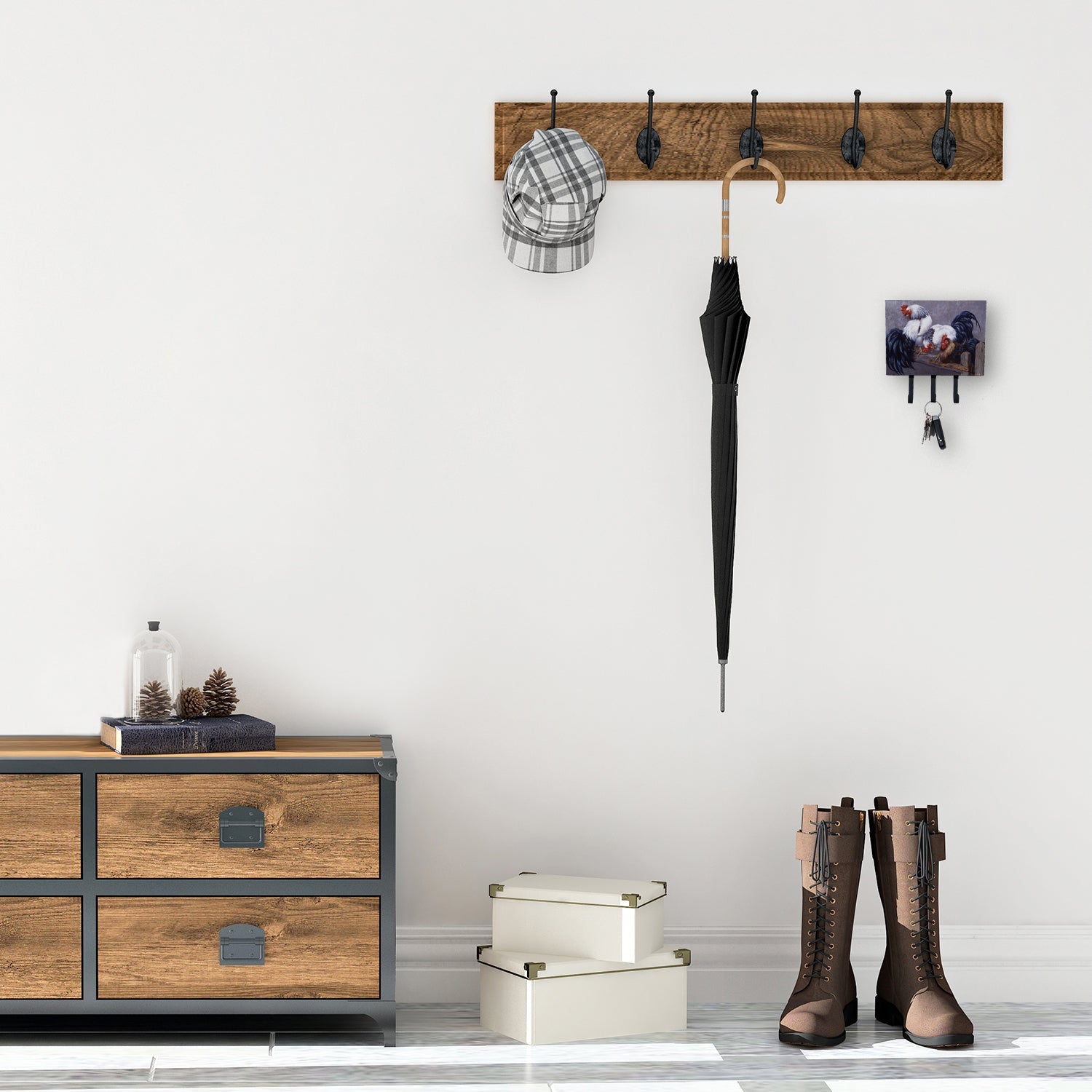 Roosters Roosting Leash or Key Holder Wall Hooks, Coat Rack Wall Mount, for Hanging Keys, Towels, Aprons, Leashes