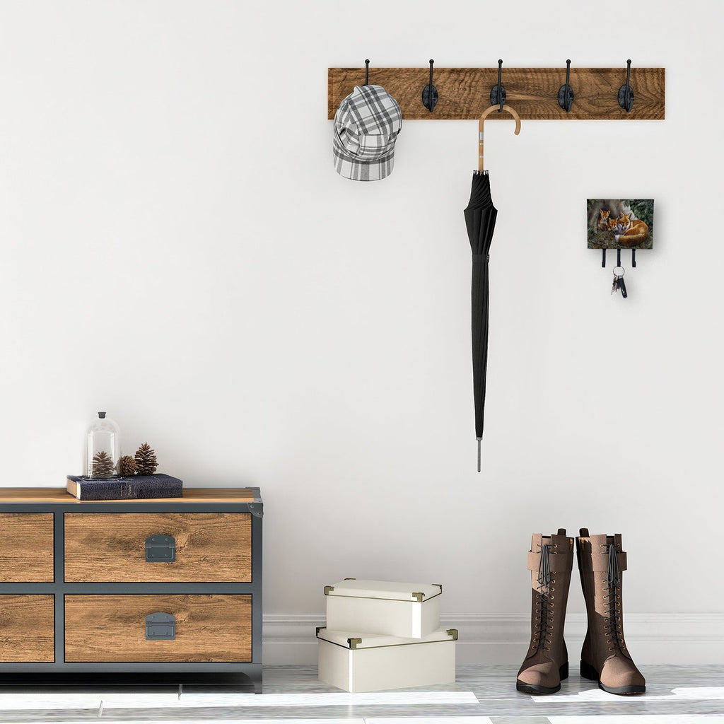 A Family of Foxes at Home Leash or Key Holder Wall Hooks, Coat Rack Wall Mount, for Hanging Keys, Towels, Aprons, Leashes