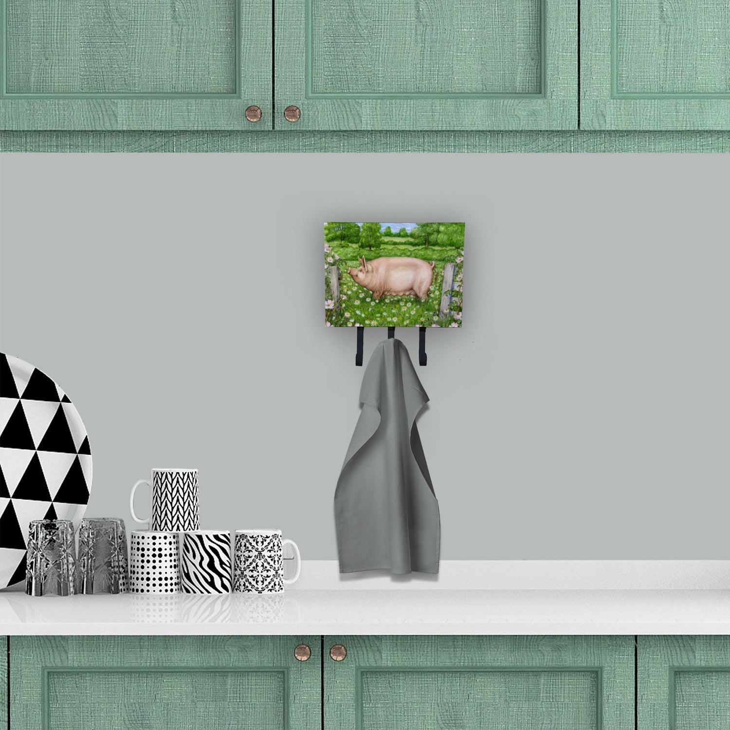 Pig In Dasies by Debbie Cook Leash or Key Holder Wall Hooks, Coat Rack Wall Mount, for Hanging Keys, Towels, Aprons, Leashes