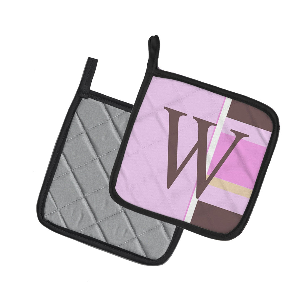 Letter W Initial Monogram - Pink Stripes Pot Holders - Set of 2 - Heat-Resistant Kitchen Essentials