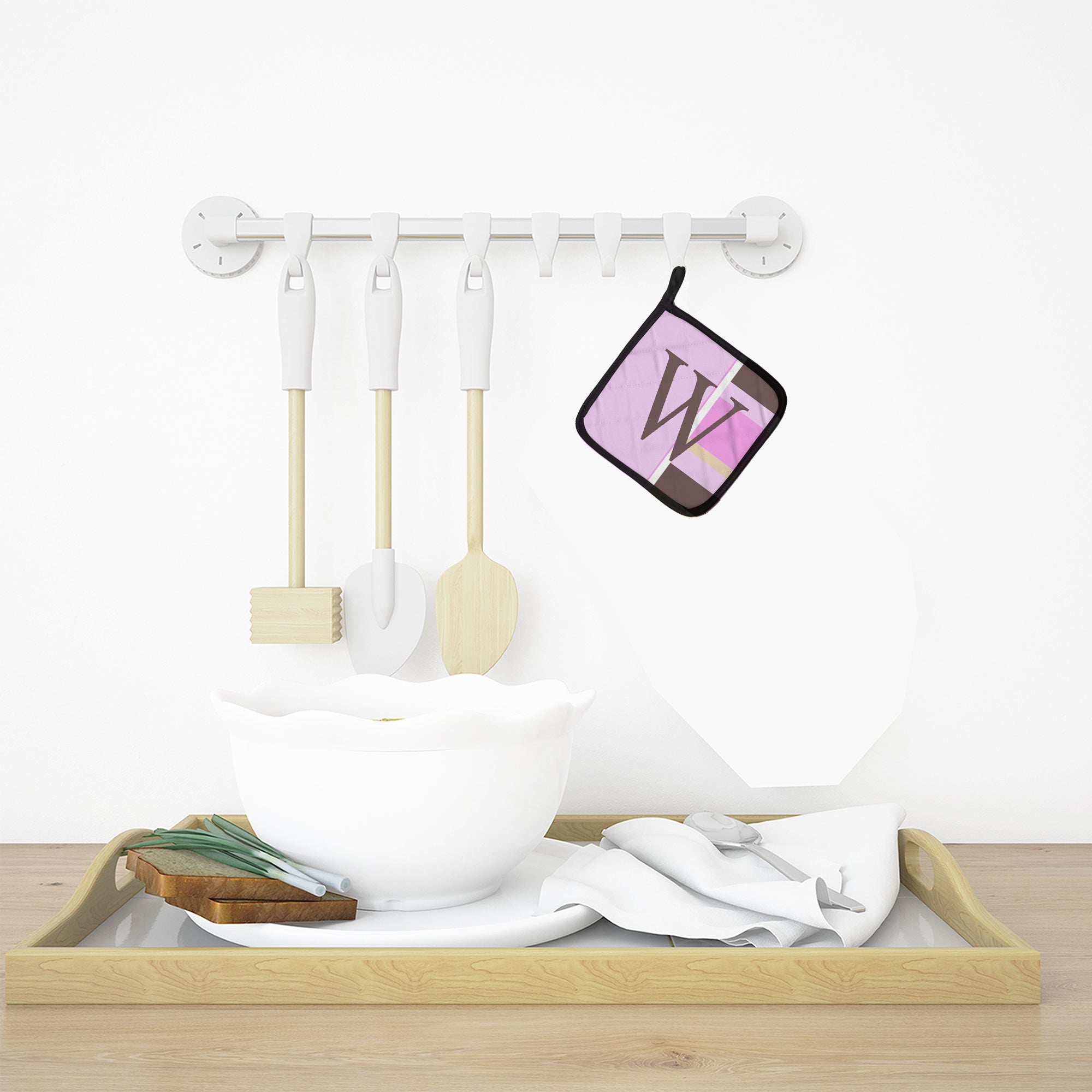 Letter W Initial Monogram - Pink Stripes Pot Holders - Set of 2 - Heat-Resistant Kitchen Essentials