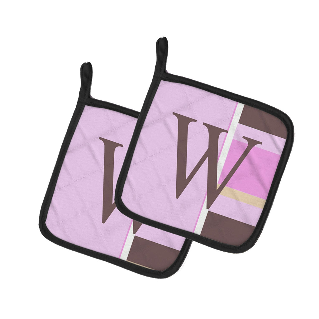 Letter W Initial Monogram - Pink Stripes Pot Holders - Set of 2 - Heat-Resistant Kitchen Essentials