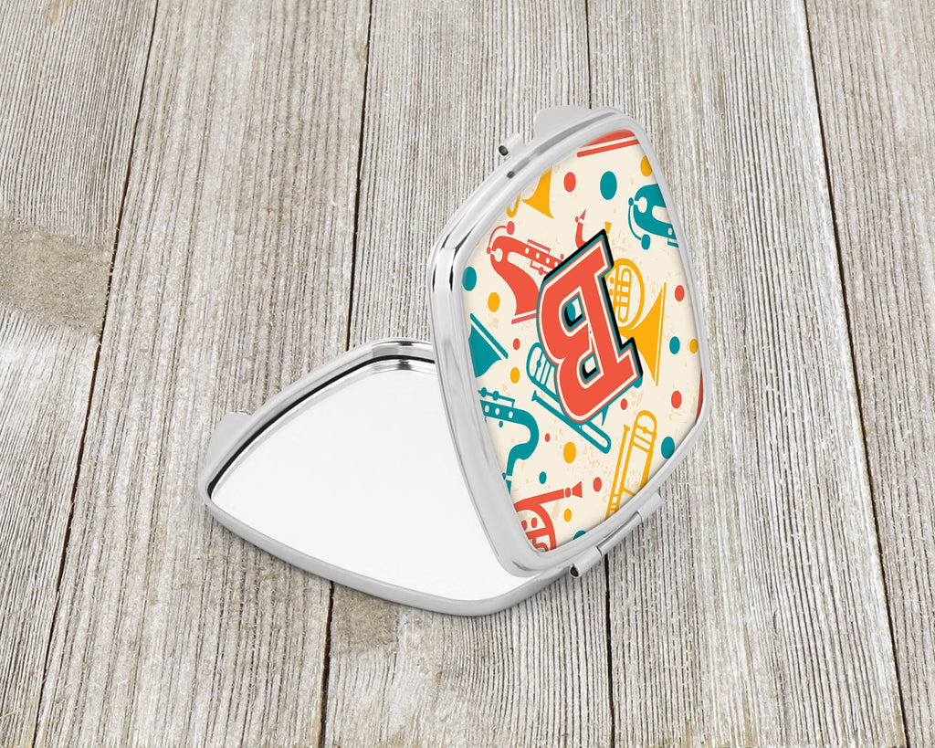 Letter B Retro Teal Orange Musical Instruments Initial Compact Mirror Decorative Travel Makeup Mirror for Women Girls Gifts Pocket Makeup Mirror Folding Handheld