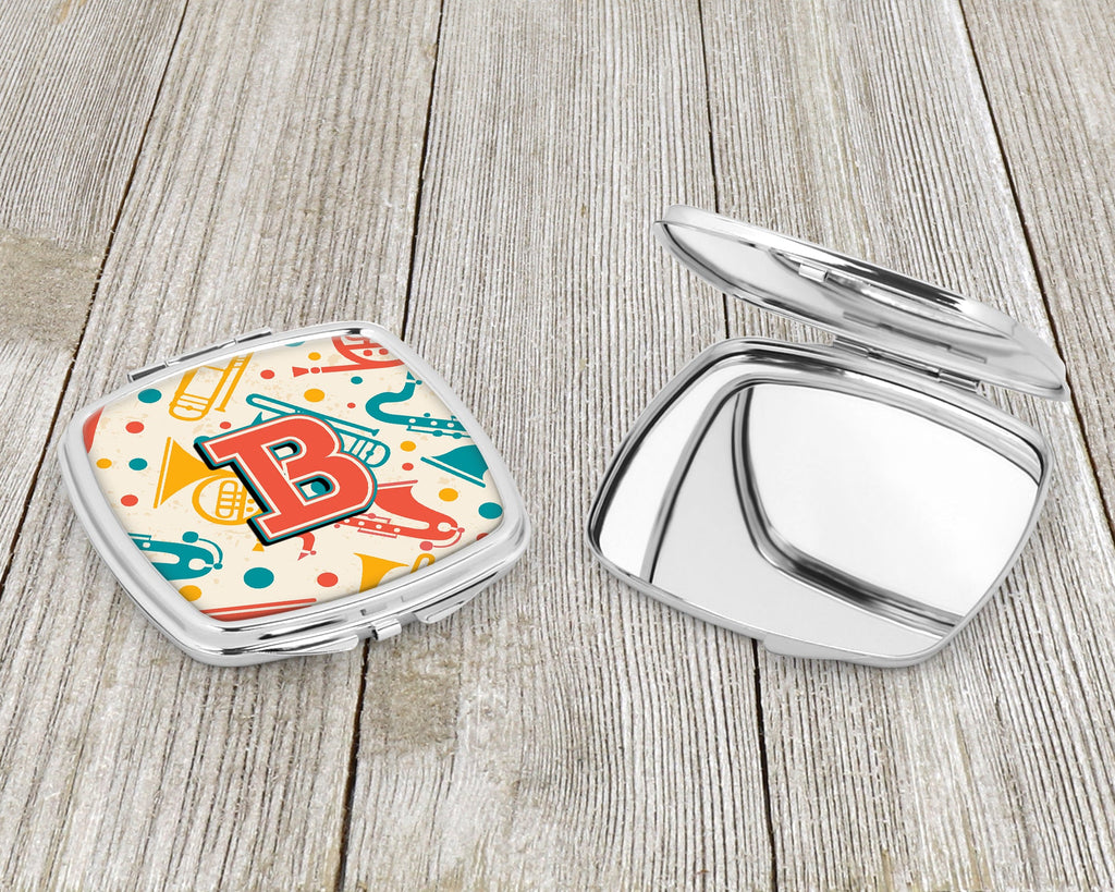 Letter B Retro Teal Orange Musical Instruments Initial Compact Mirror Decorative Travel Makeup Mirror for Women Girls Gifts Pocket Makeup Mirror Folding Handheld