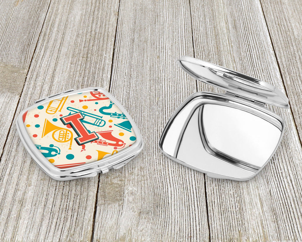 Letter I Retro Teal Orange Musical Instruments Initial Compact Mirror Decorative Travel Makeup Mirror for Women Girls Gifts Pocket Makeup Mirror Folding Handheld