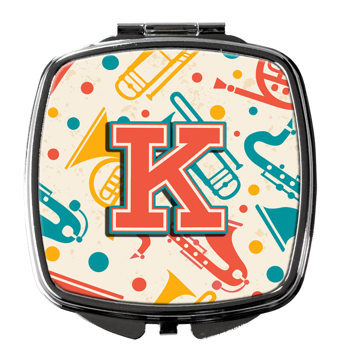 Letter K Retro Teal Orange Musical Instruments Initial Compact Mirror Decorative Travel Makeup Mirror for Women Girls Gifts Pocket Makeup Mirror Folding Handheld