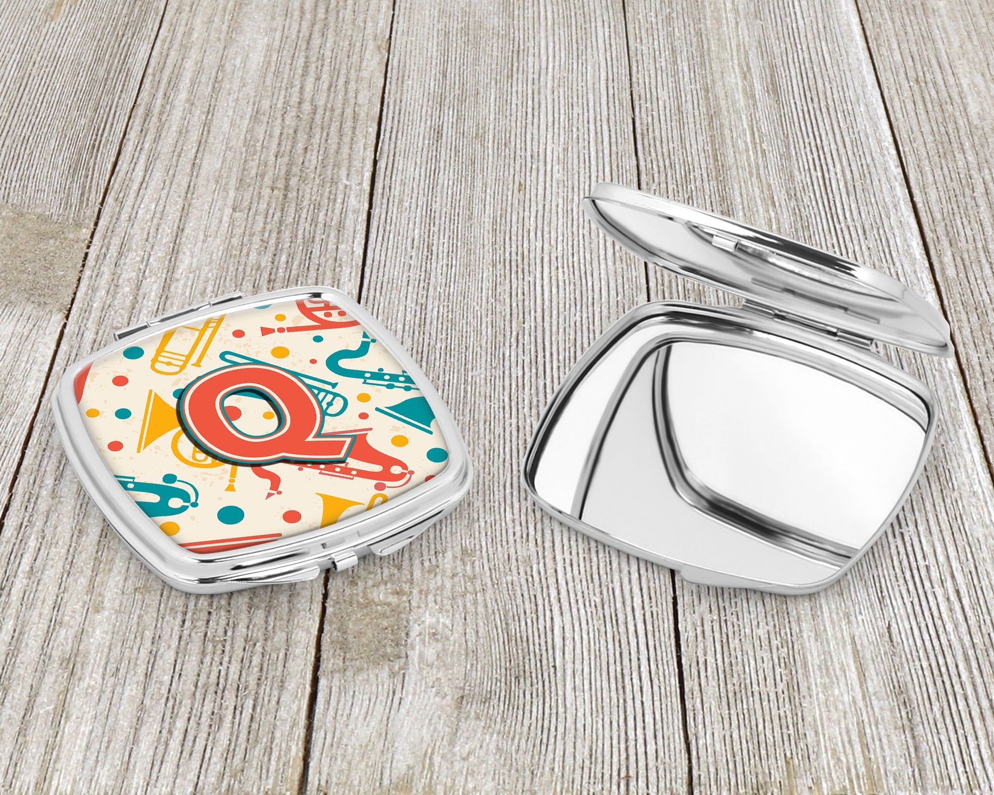 Letter Q Retro Teal Orange Musical Instruments Initial Compact Mirror Decorative Travel Makeup Mirror for Women Girls Gifts Pocket Makeup Mirror Folding Handheld