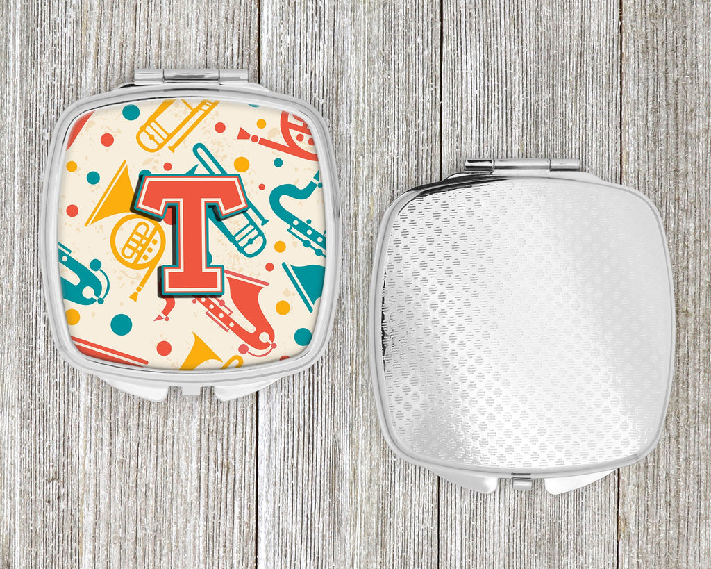 Letter T Retro Teal Orange Musical Instruments Initial Compact Mirror Decorative Travel Makeup Mirror for Women Girls Gifts Pocket Makeup Mirror Folding Handheld