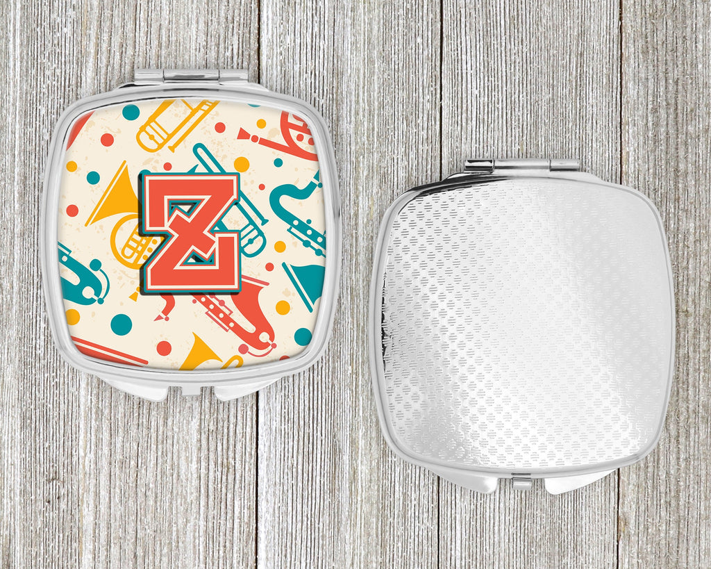 Letter Z Retro Teal Orange Musical Instruments Initial Compact Mirror Decorative Travel Makeup Mirror for Women Girls Gifts Pocket Makeup Mirror Folding Handheld